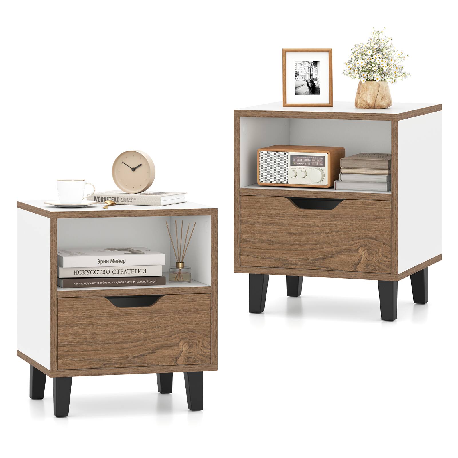 Front. Gymax - Gymax 2PCS Nightstand Mid Century Modern Bedside Table w/ Drawer Open storage Shelf - Natural, White.