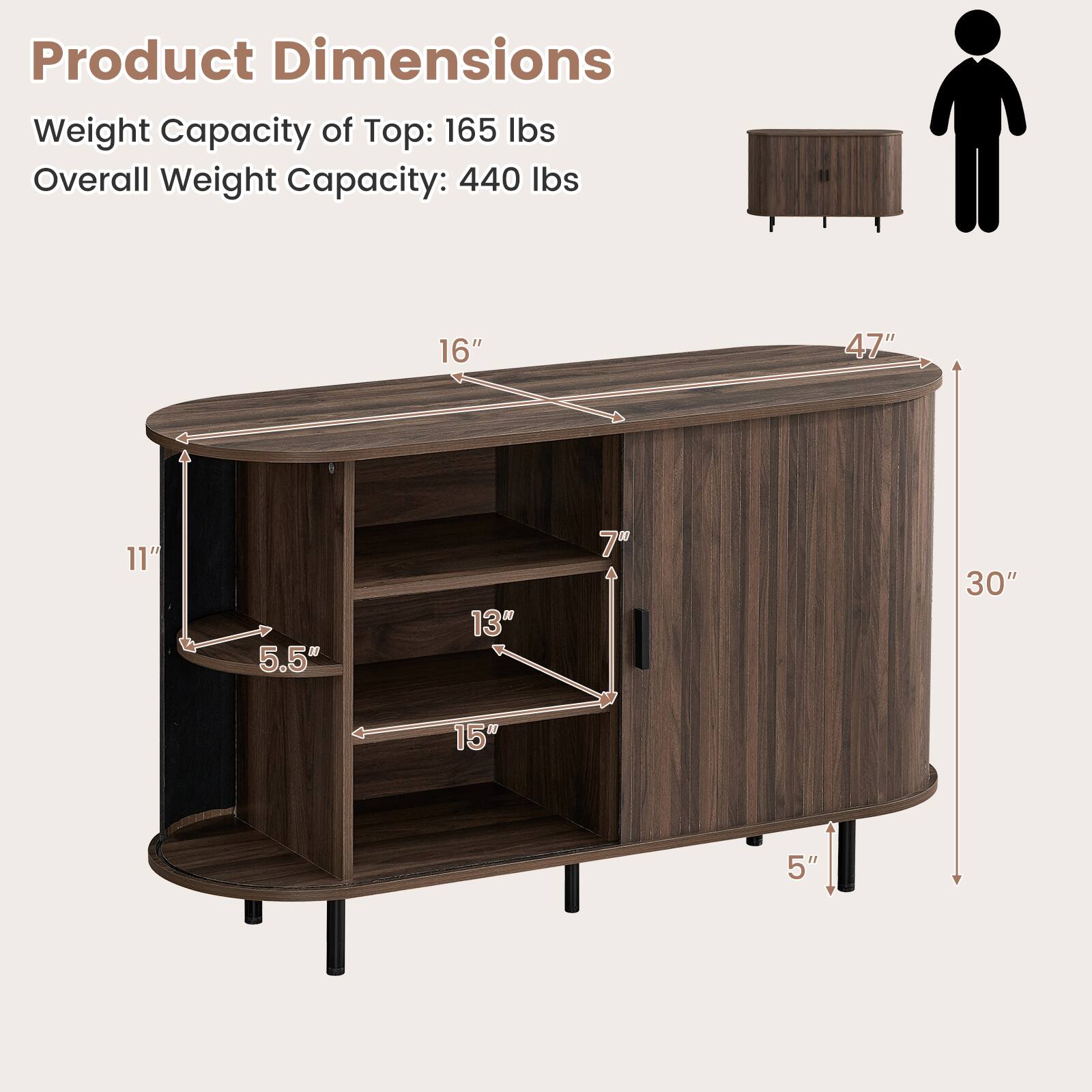 Product Dimensions  
Weight Capacity of Top: 165 lbs  
Overall Weight Capacity: 440 lbs  

16"  
47"  
11"  
5.5"  
13"  
7"  
30"  
15"  
5"