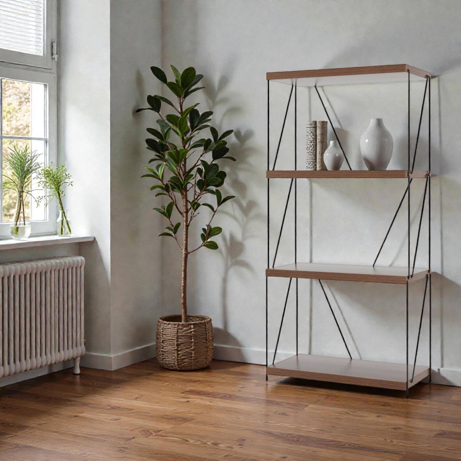 Front. Hivvago - Contemporary Metal Frame Storage and Display Shelf Designs - 4 Tier - Walnut.