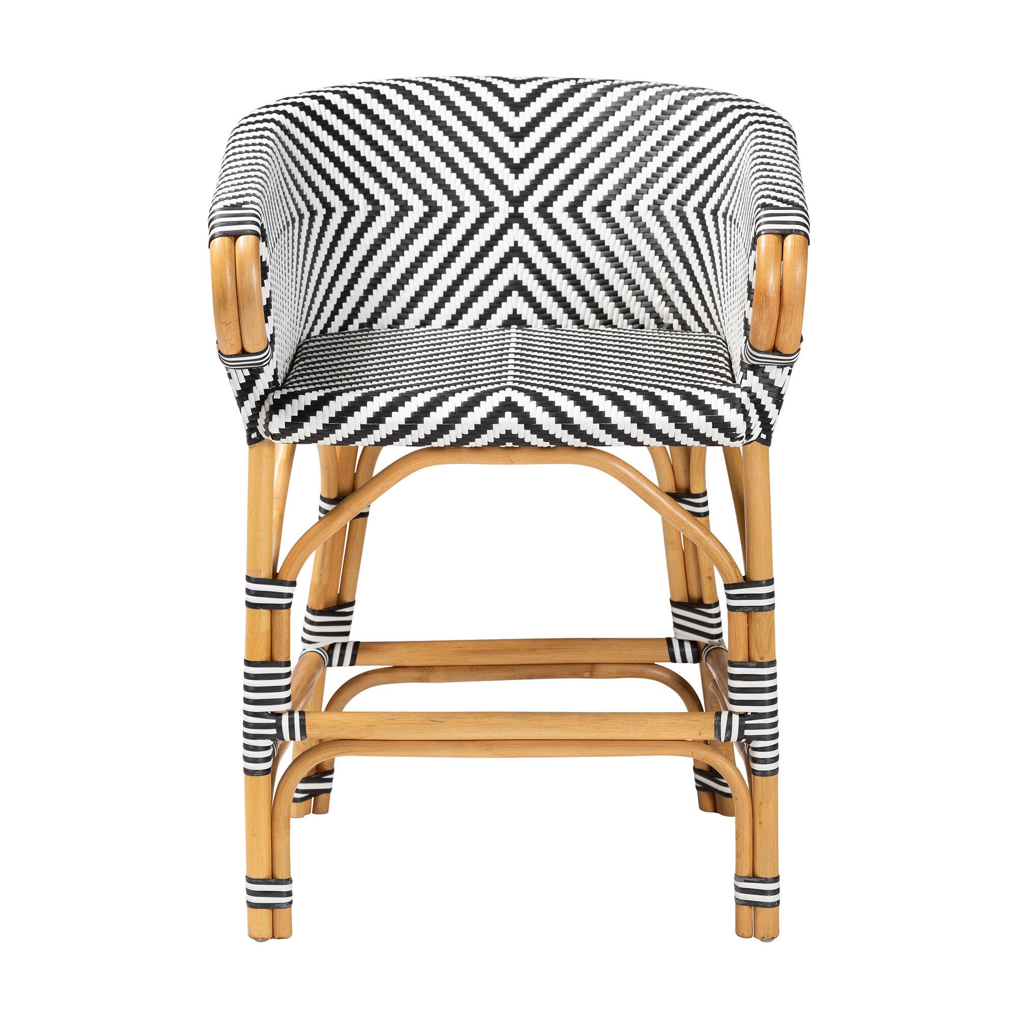 Angle. bali & pari - Max Rattan Bistro Counter Stool - Handwoven Cafe-Style Accent Seating For Kitchen Island or Indoor/Outdoor Lounge - Natural Brown/Black/White.