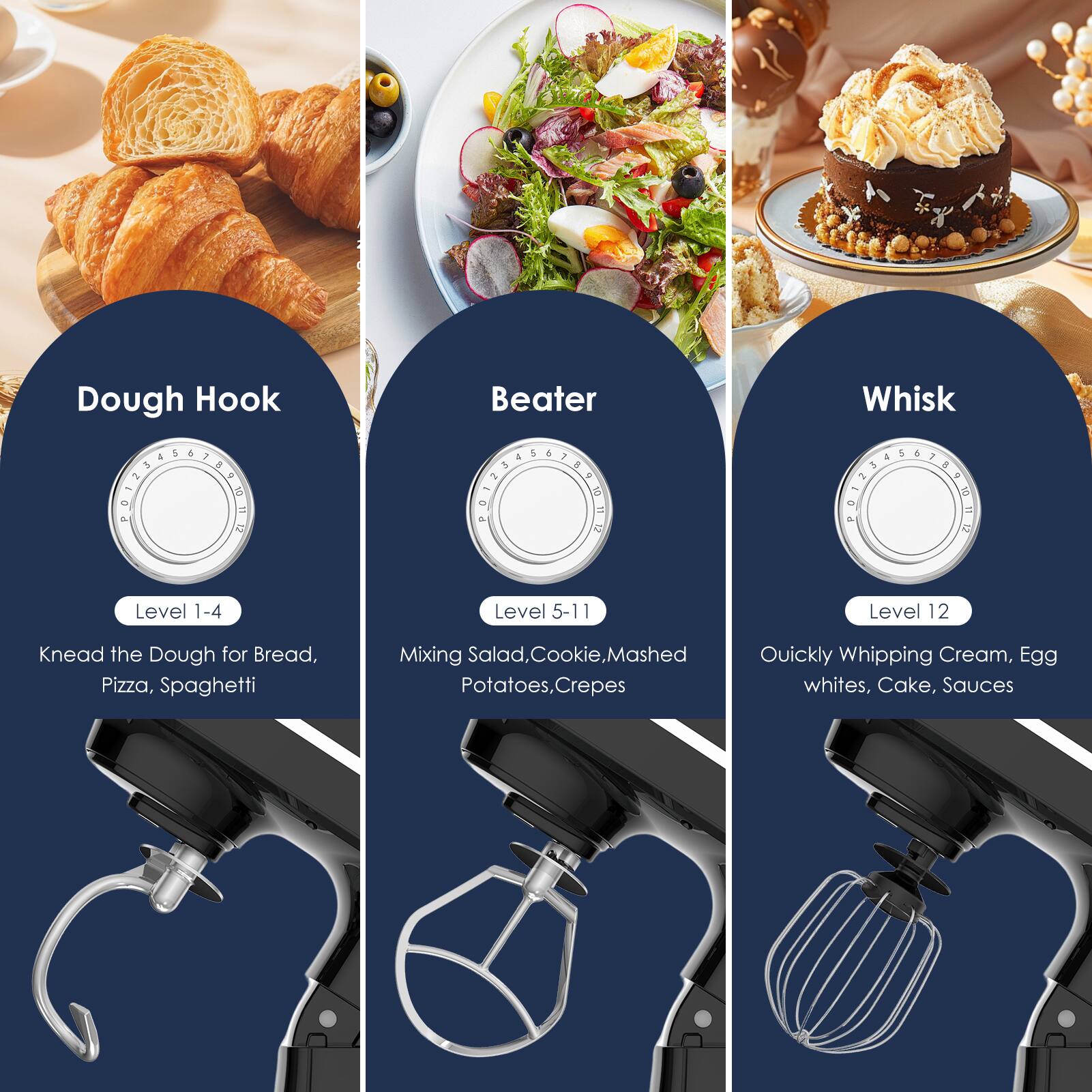Dough Hook  
Level 1-4  
Knead the Dough for Bread, Pizza, Spaghetti  

Beater  
Level 5-11  
Mixing Salad, Cookie, Mashed Potatoes, Crepes  

Whisk  
Level 12  
Quickly Whipping Cream, Egg whites, Cake, Sauces