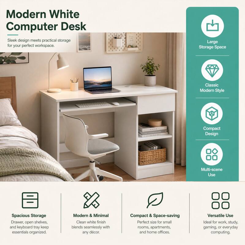 Modern White Computer Desk

Sleek design meets practical storage for your perfect workspace.

- Large Storage Space
- Classic Modern Style
- Compact Design
- Multi-scene Use

Spacious Storage
Drawer, open shelves, and keyboard tray keep essentials organized.

Modern & Minimal
Clean white finish blends seamlessly with any decor.

Compact & Space-saving
Perfect size for small rooms, apartments, and home offices.

Versatile Use
Ideal for work, study, gaming, or everyday computing.