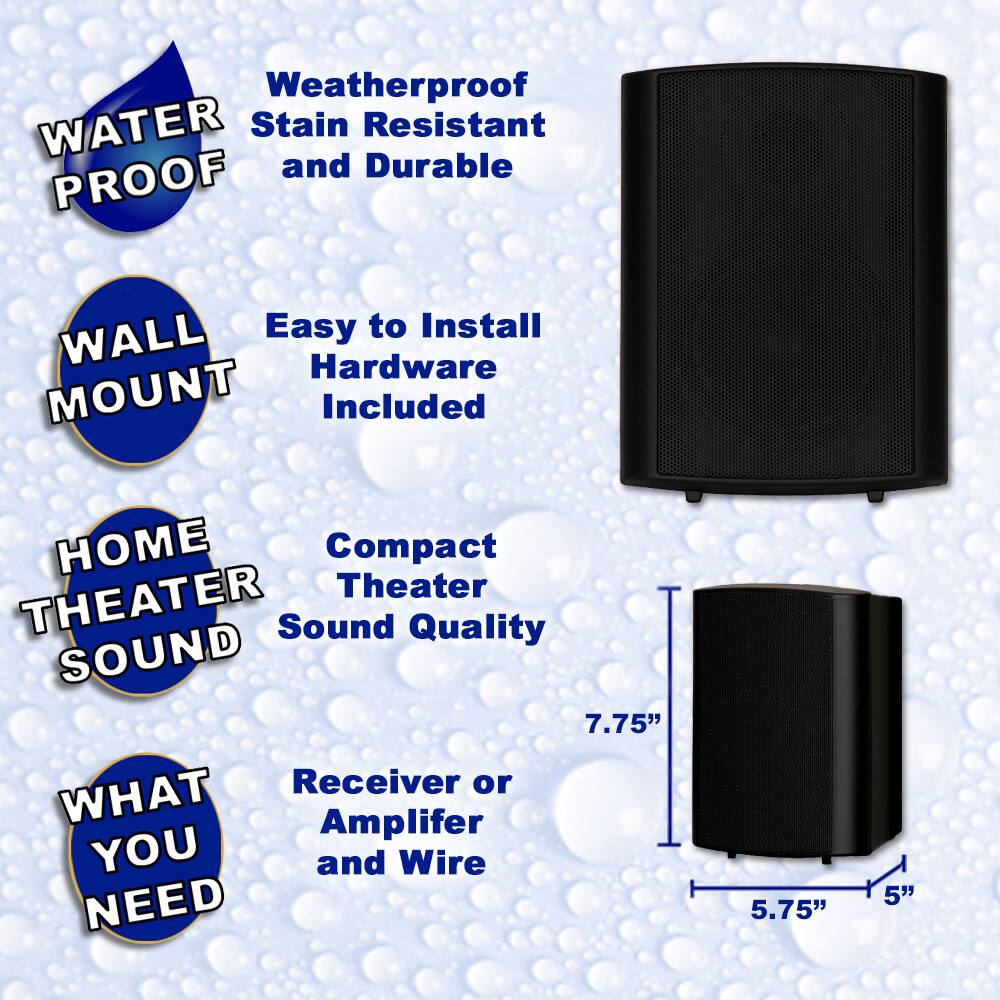 - Weatherproof
- Stain Resistant and Durable
- Easy to Install
- Hardware Included
- Compact Theater
- Sound Quality
- Receiver or Amplifier and Wire
- Wall Mount
- Home Theater Sound
- What You Need
- Dimensions: 7.75" x 5.75" x 5"