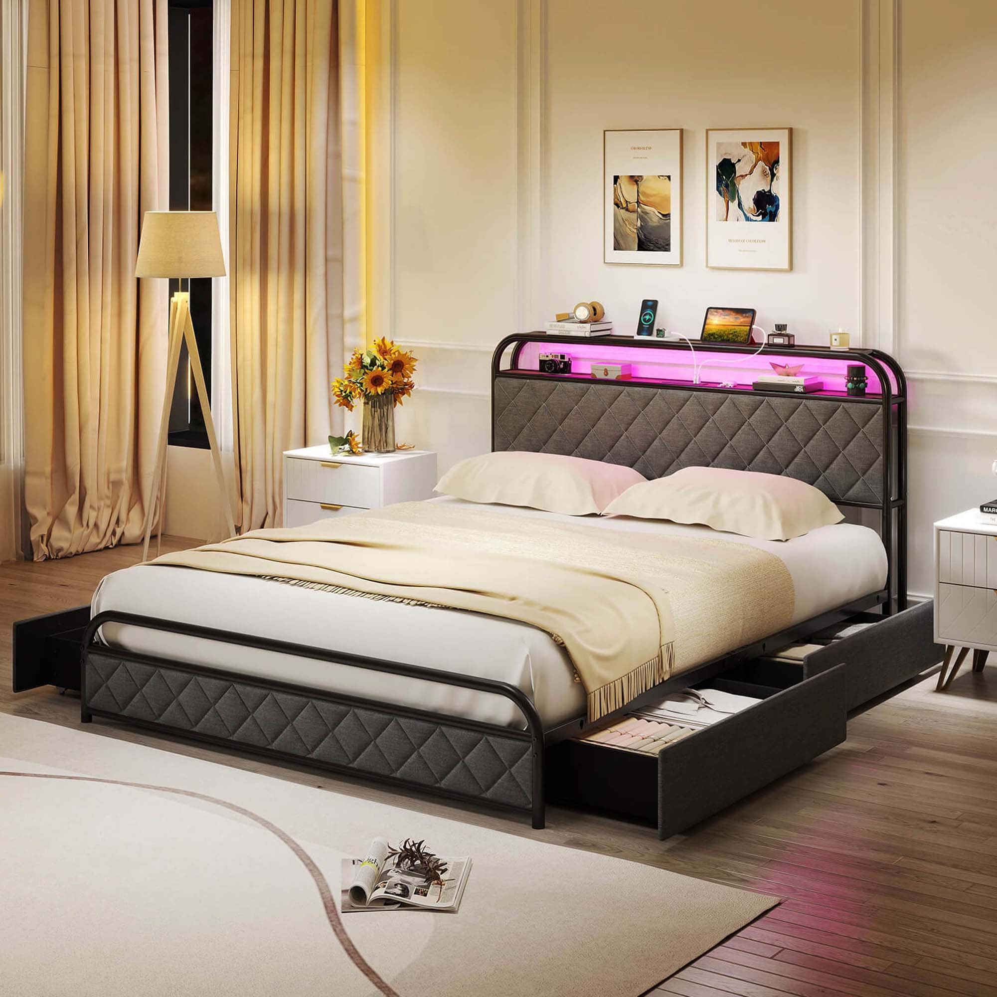 Alt View 2. Costway - Queen Size Bed Frame with LED Lights & Charging Station Storage Headboard - Black.