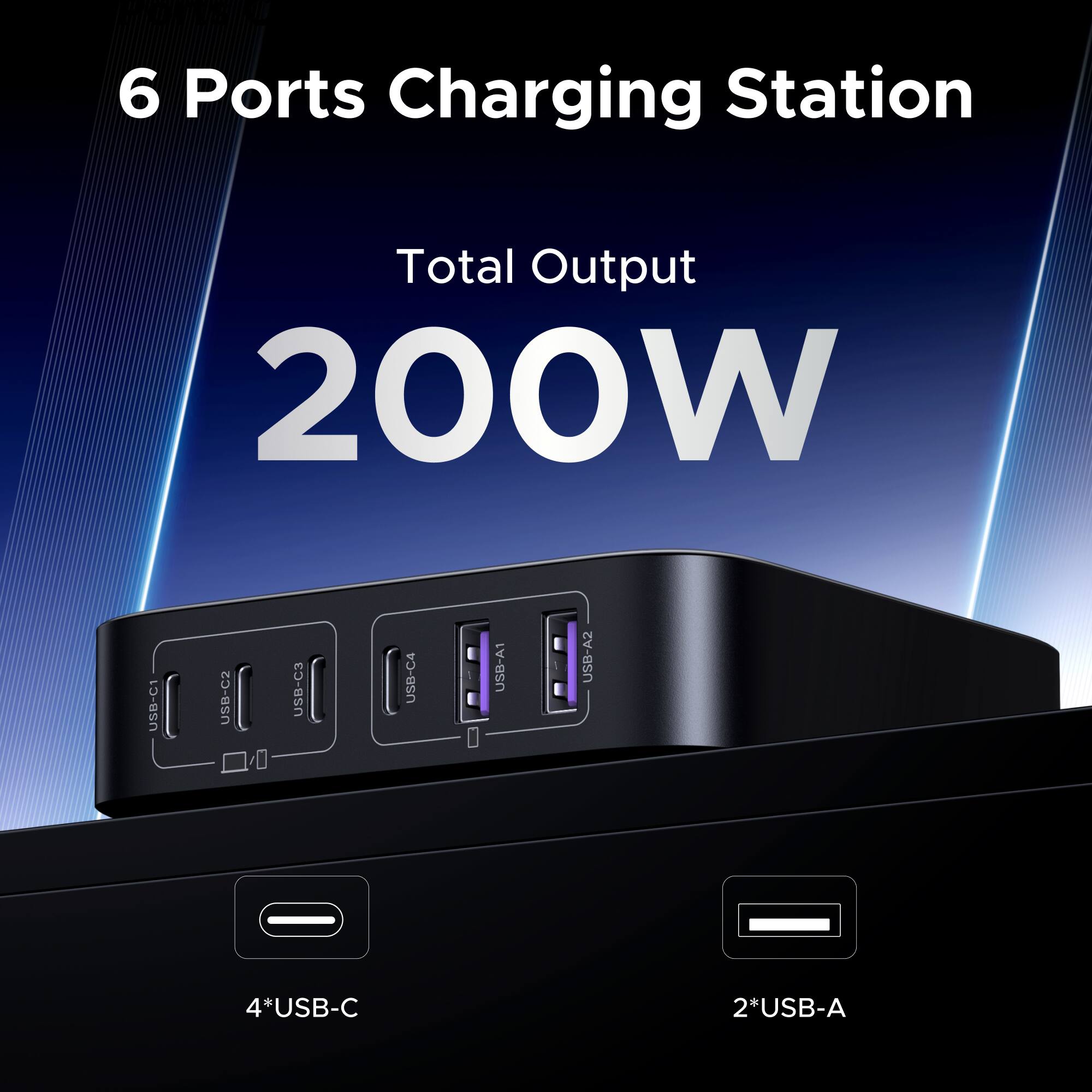 6 Ports Charging Station, Total Output 200W, 4*USB-C, 2*USB-A, USB-C1, USB-C2, USB-C3, USB-C4, USB-A1, USB-A2