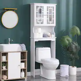 U-HOMY - Over-The-Toilet Storage Cabinet with 2 Glass Doors, Adjustable Shelf, Wooden Bathroom Organizer - White