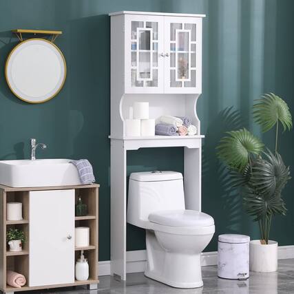 Front. U-HOMY - Over-The-Toilet Storage Cabinet with 2 Glass Doors, Adjustable Shelf, Wooden Bathroom Organizer - White.