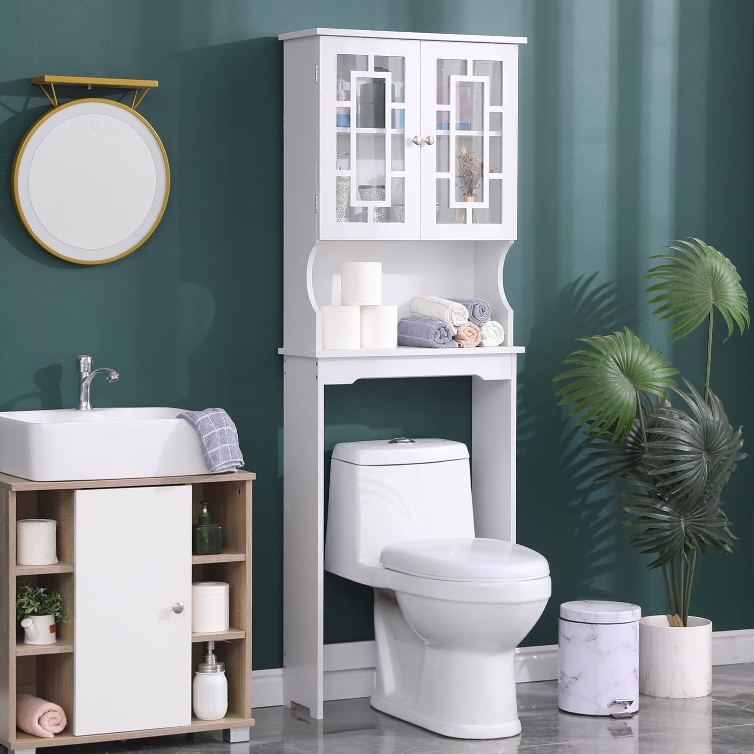 Front. U-HOMY - Over-The-Toilet Storage Cabinet with 2 Glass Doors, Adjustable Shelf, Wooden Bathroom Organizer - White.