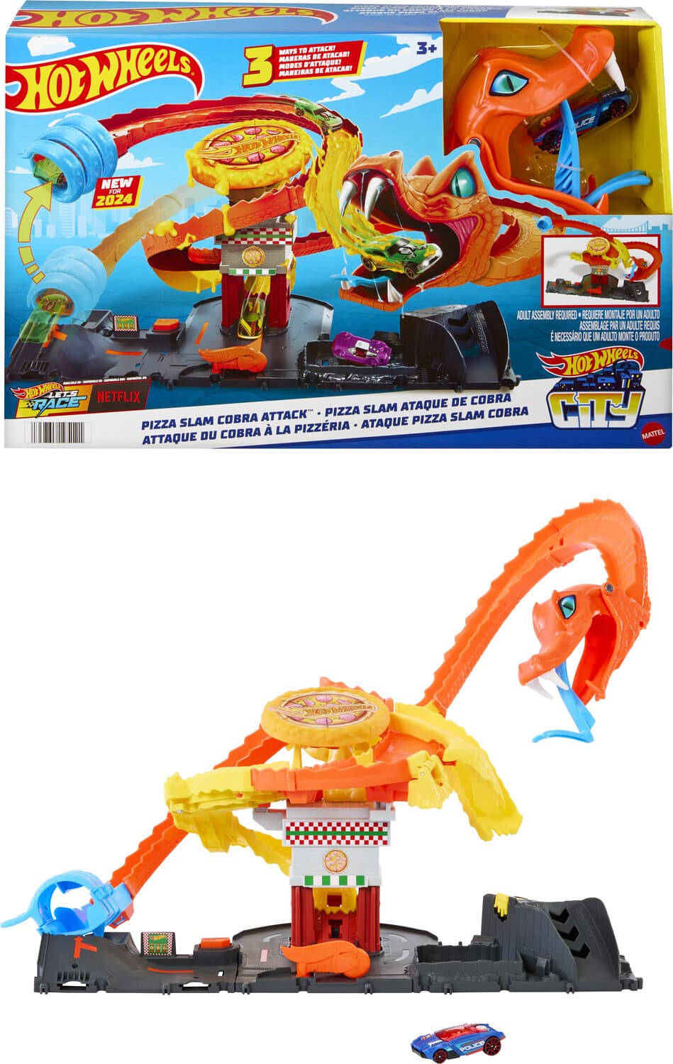 Mattel - Hot Wheels City Pizza Slam Cobra Attack Playset with 1:64 Scale Toy Car - COLLECTABLES - Multicolor
