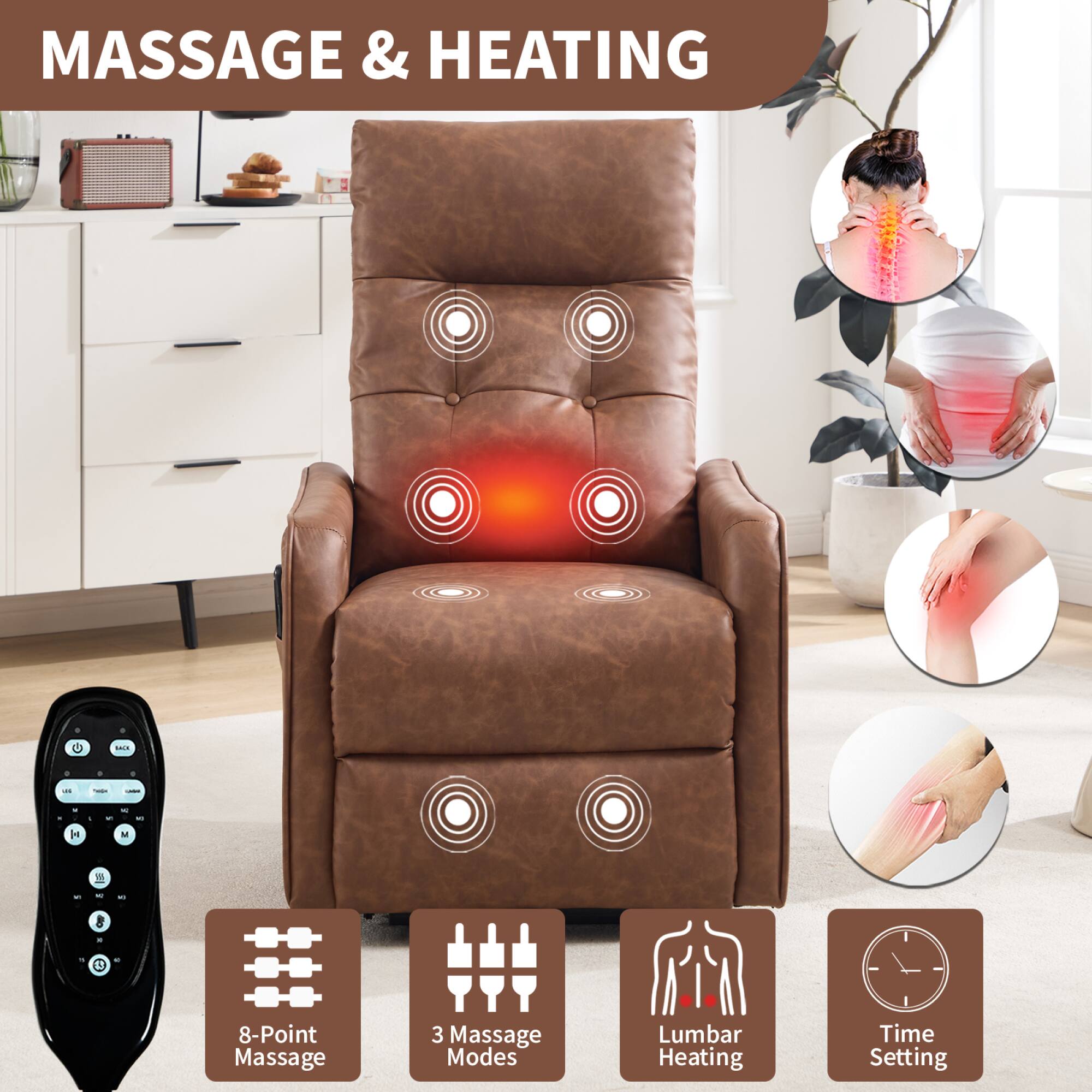 MASSAGE & HEATING

- 8-Point Massage
- 3 Massage Modes
- Lumbar Heating
- Time Setting