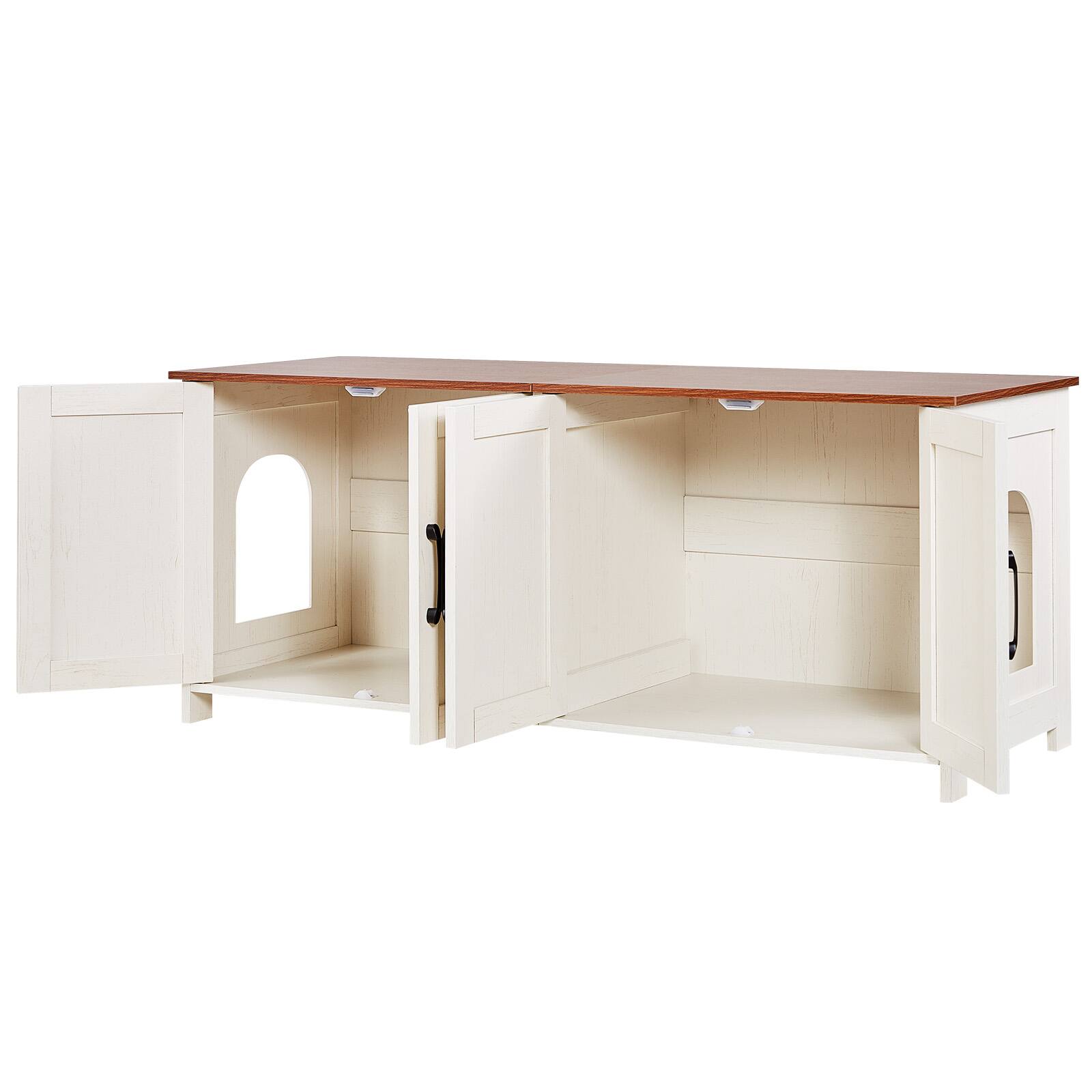 Alt View 5. VEVOR - Cat Litter Box Enclosure for Multi Cats, 47.2 in Hidden Litter Box Cabinet with 4 Doors & 2 Entries, Indoor Cat Washroom - Brown Wood Grain  + White + Black Handles.