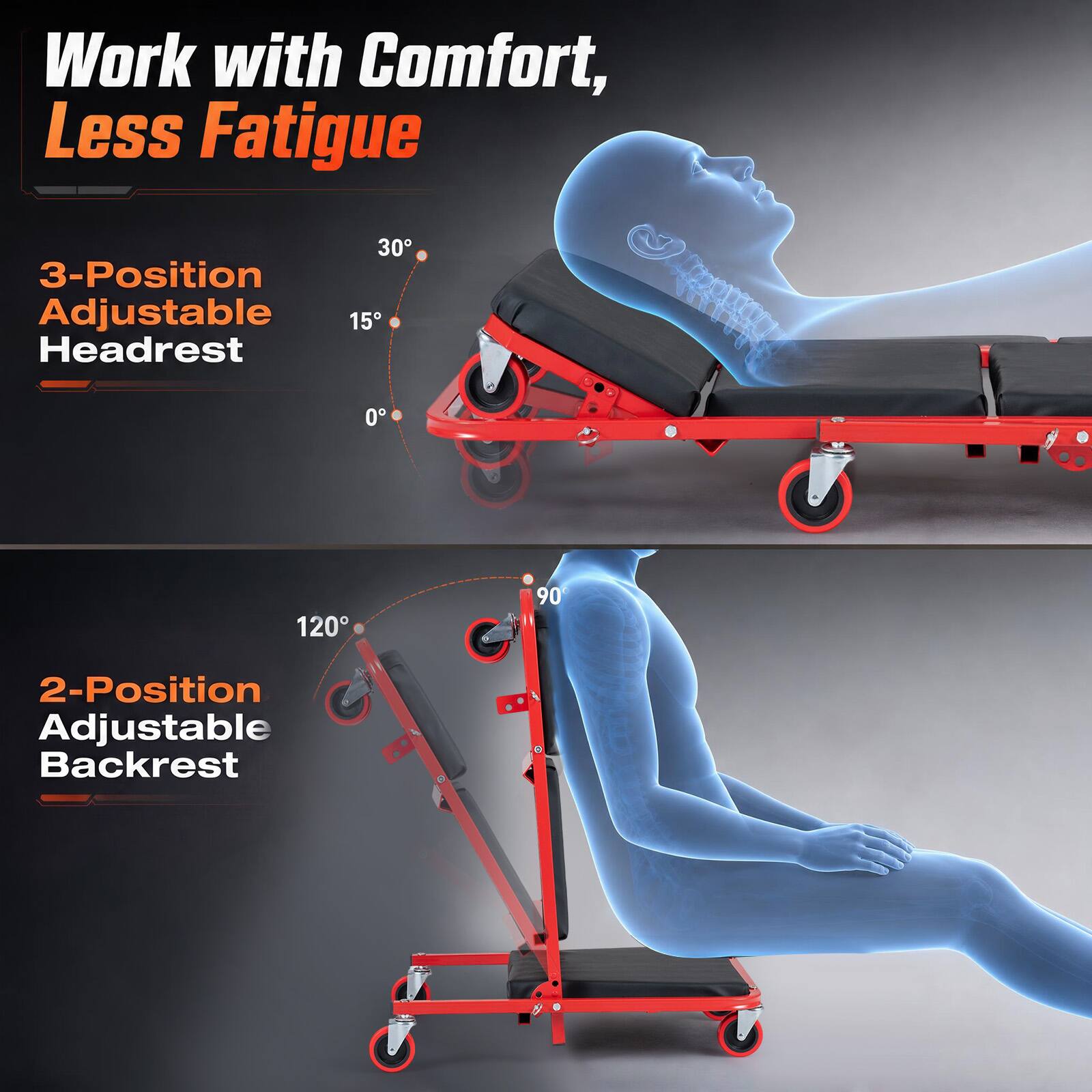 Work with Comfort, Less Fatigue

3-Position Adjustable Headrest
0°, 15°, 30°

2-Position Adjustable Backrest
90°, 120°