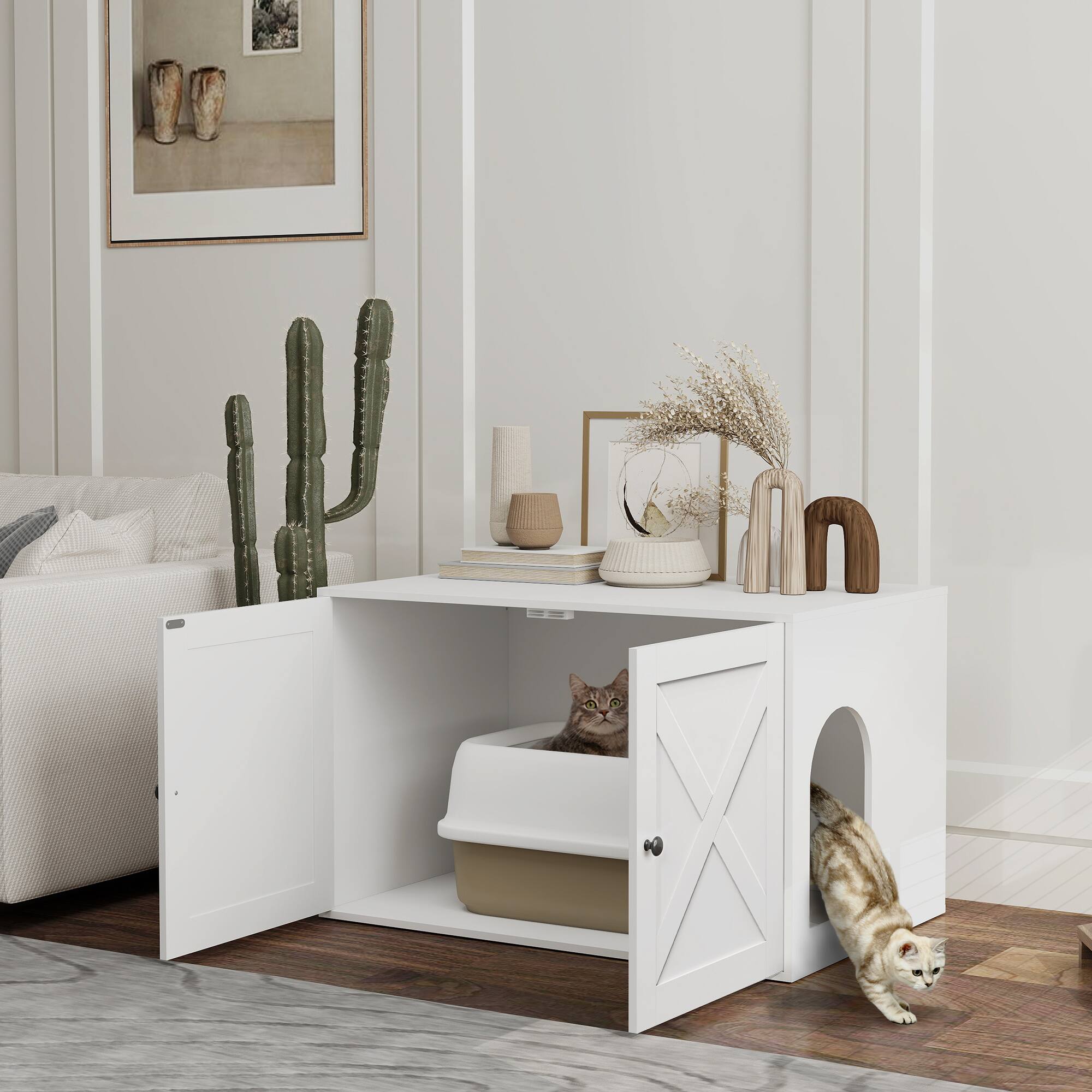 Angle. Pawhut - Cat Litter Box Enclosure, Hidden Litter Box Furniture, Cat Hole, Indoor Pet House Washroom, 31.5" x 21" x 20" - White.