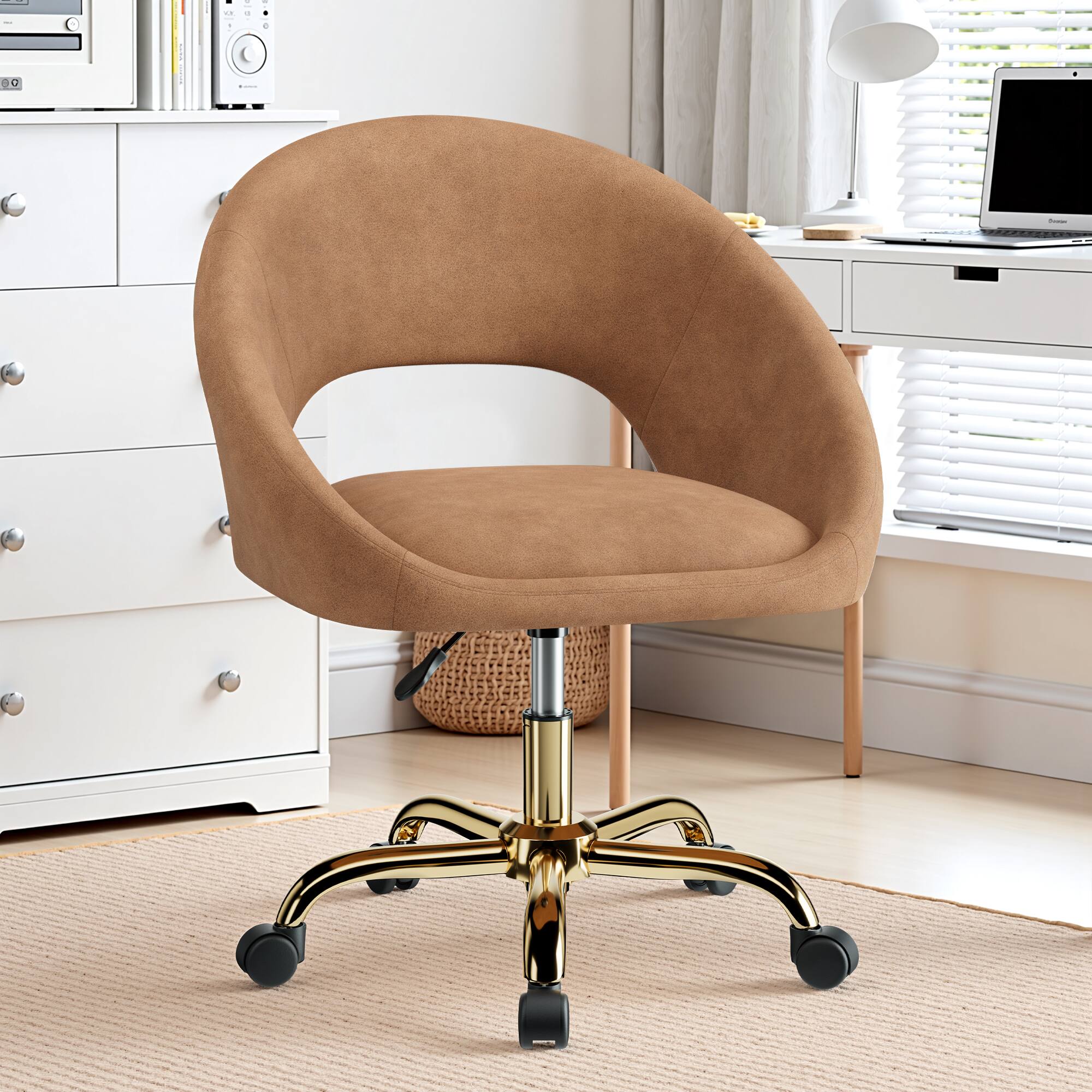 Alt View 4. KERDOM - Vanity Chair with Back & Wheel, Smooth Tech Fabric & Wide Cushion Home Office Chair, Makeup Chair Breathable Hollow Back - Brown.