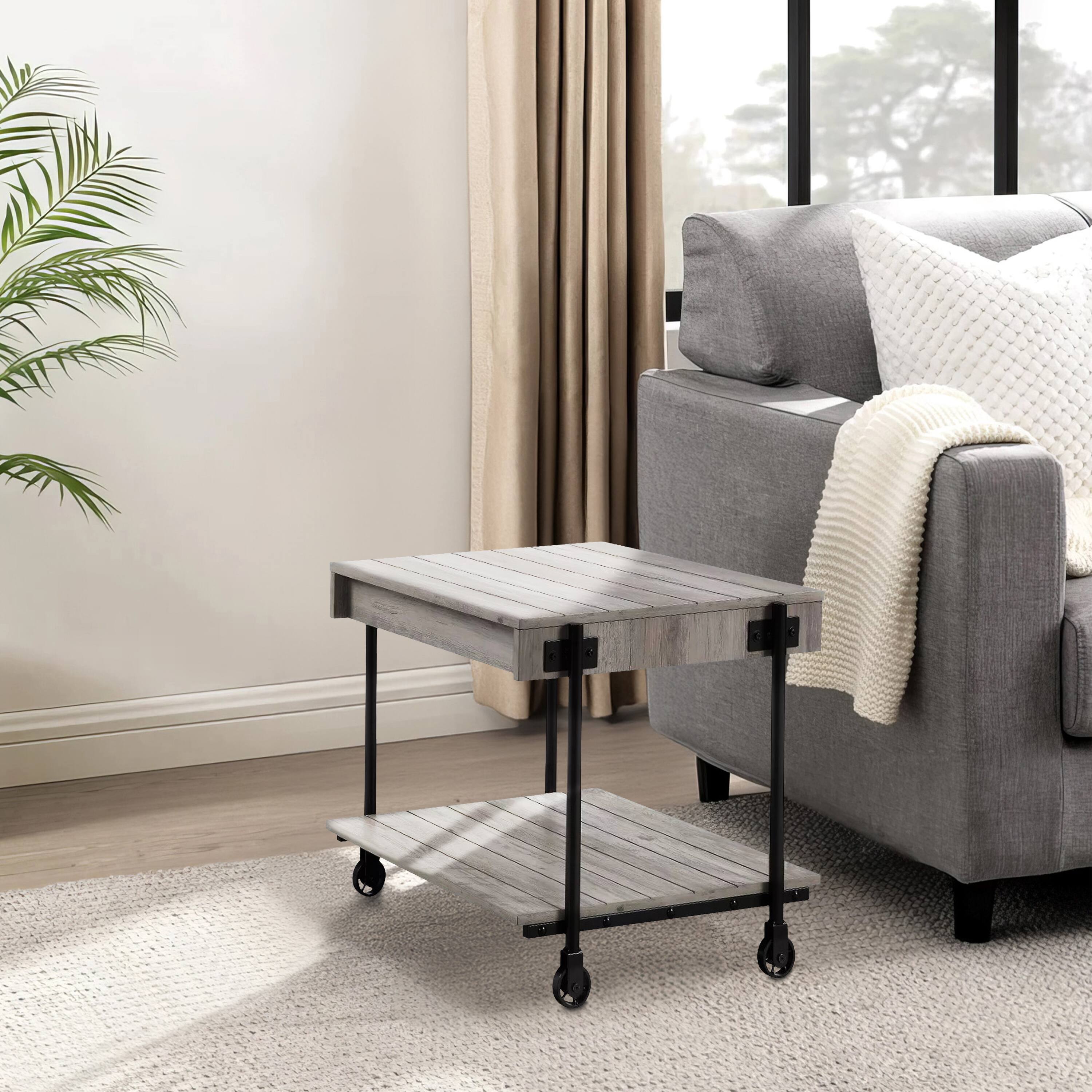 Alt View 5. Manhattan Lane - Loak 24 Inch Side End Table, Plank Design, Caster Wheels, Brown, Black - Black, Brown.