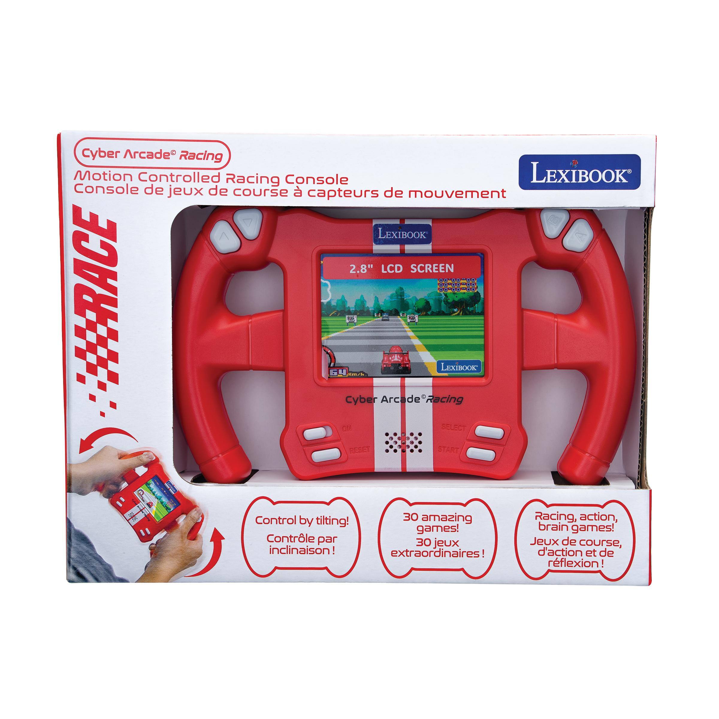 Cyber Arcade Racing  
Motion Controlled Racing Console  
Console de jeux de course à capteurs de mouvement  

LEXIBOOK  
2.8" LCD SCREEN  

ARACE  
LEXIBOOK  

Cyber Arcade Racing  
OE SELECT REEET START  

Control by tilting!  
Contrôle par inclinaison!  

30 amazing games!  
30 jeux extraordinaires!  

Racing, action, brain games!  
Jeux de course, d'action et de réflexion!