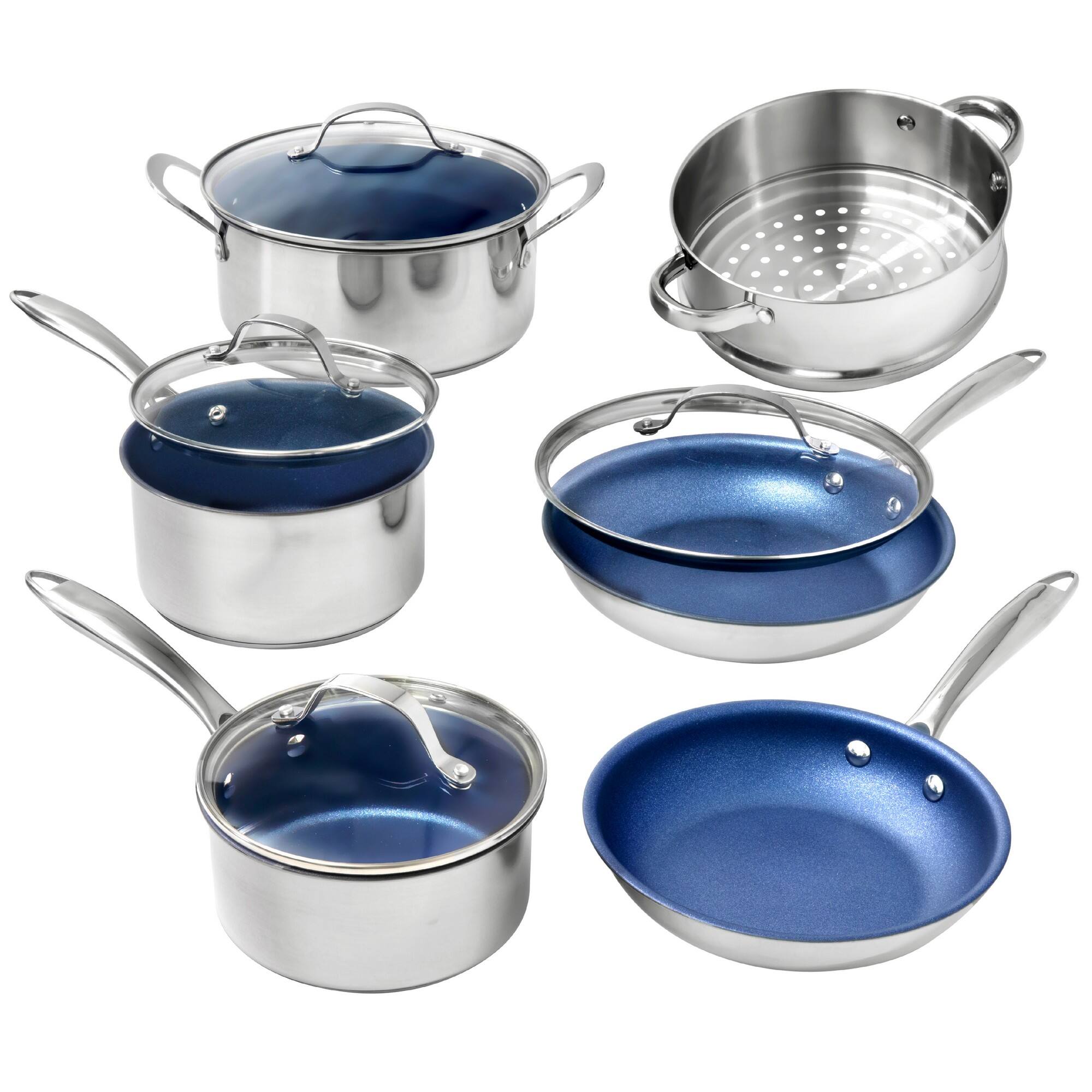 Front. Granitestone - Granitestone Blue Stainless steel 10 Piece Cookware Set - Blue.