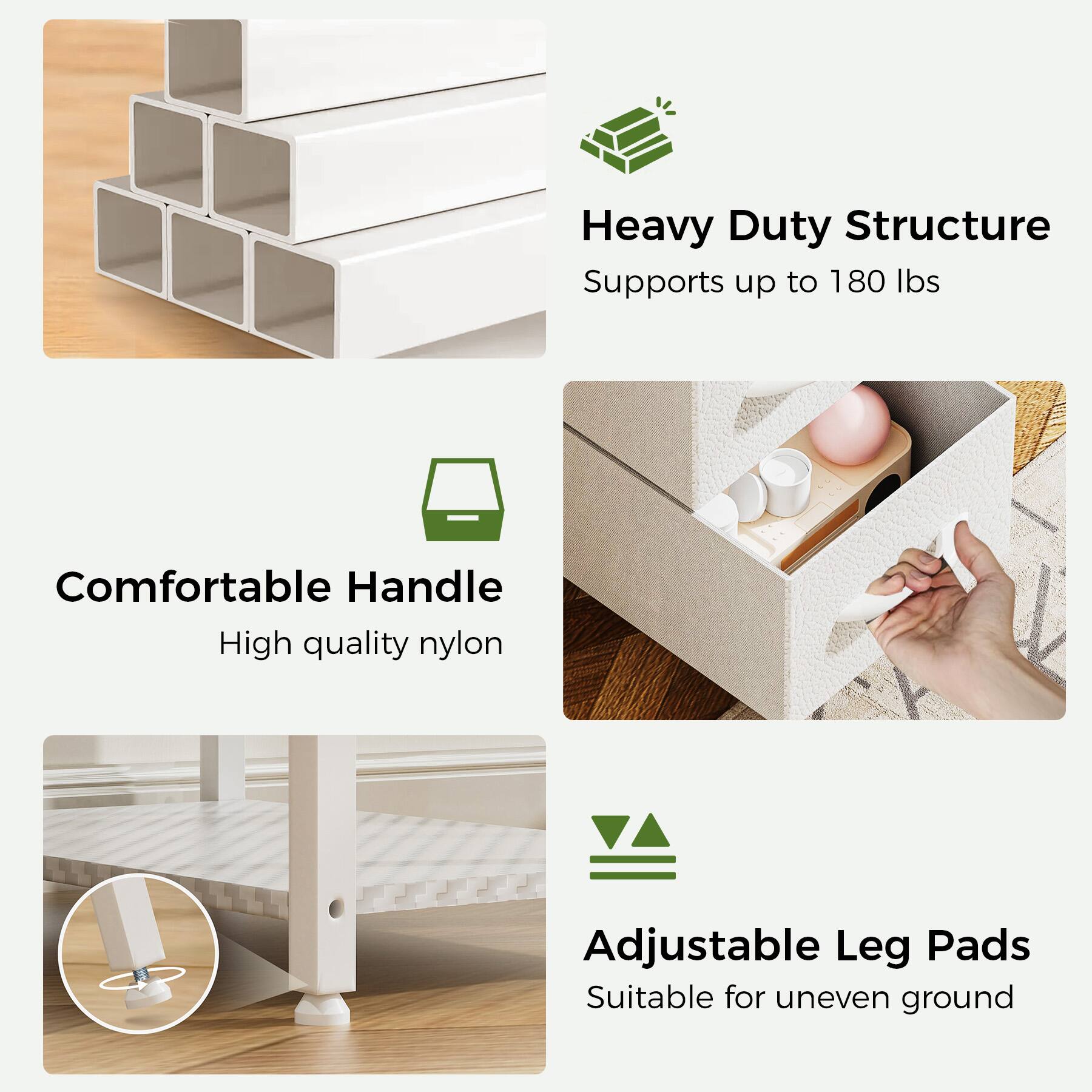 Heavy Duty Structure Supports up to 180 lbs

Comfortable Handle High quality nylon

Adjustable Leg Pads Suitable for uneven ground