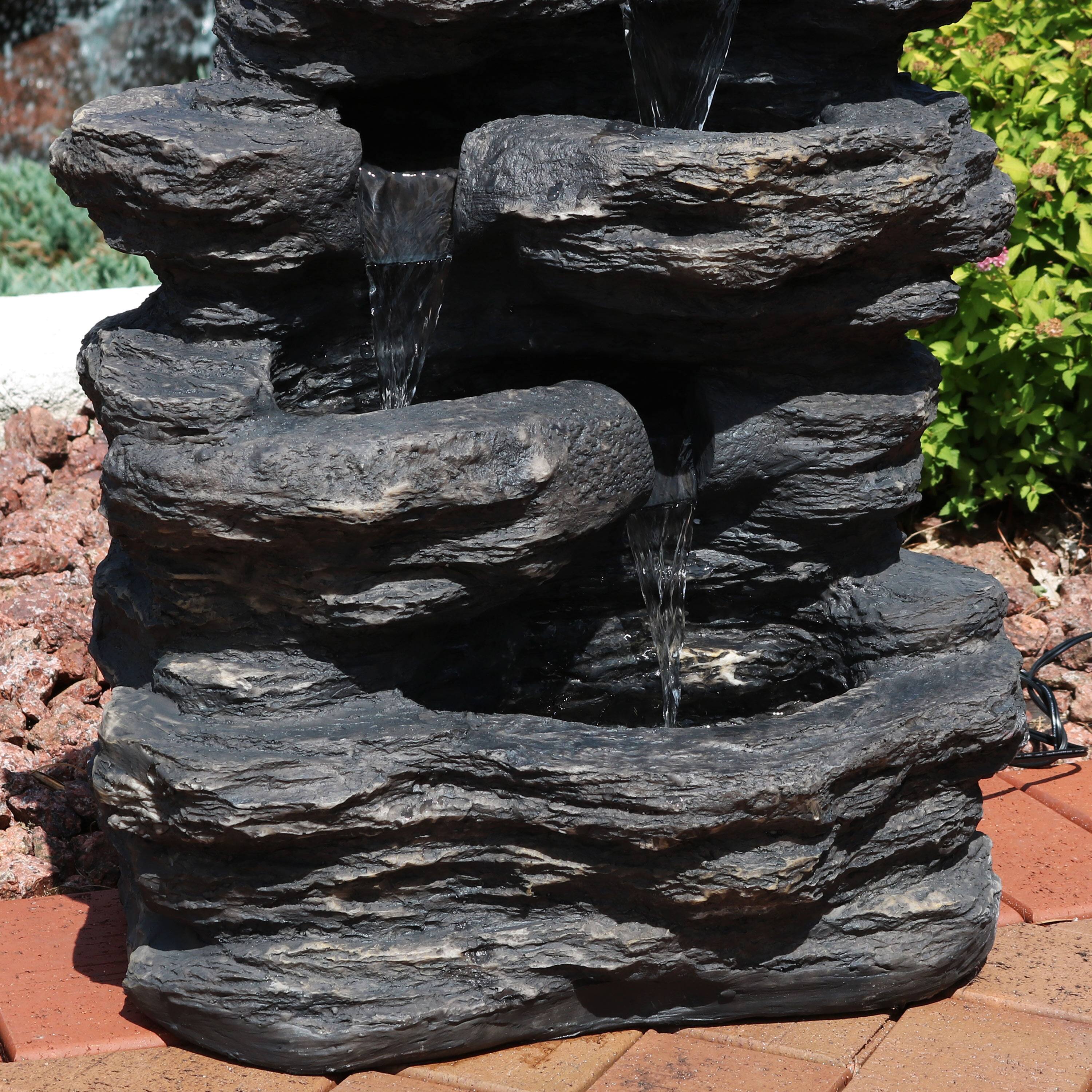 Alt View 5. Sunnydaze - Polystone Rock Falls Waterfall Fountain with LED Lights - 24 in - Grey.