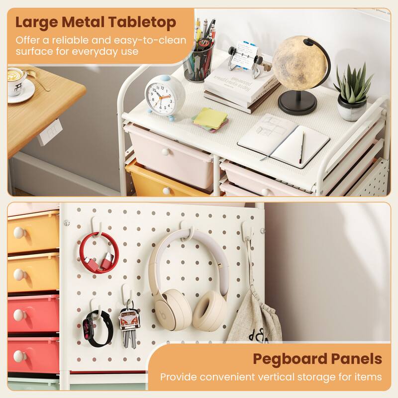Large Metal Tabletop  
Offer a reliable and easy-to-clean surface for everyday use

Pegboard Panels  
Provide convenient vertical storage for items