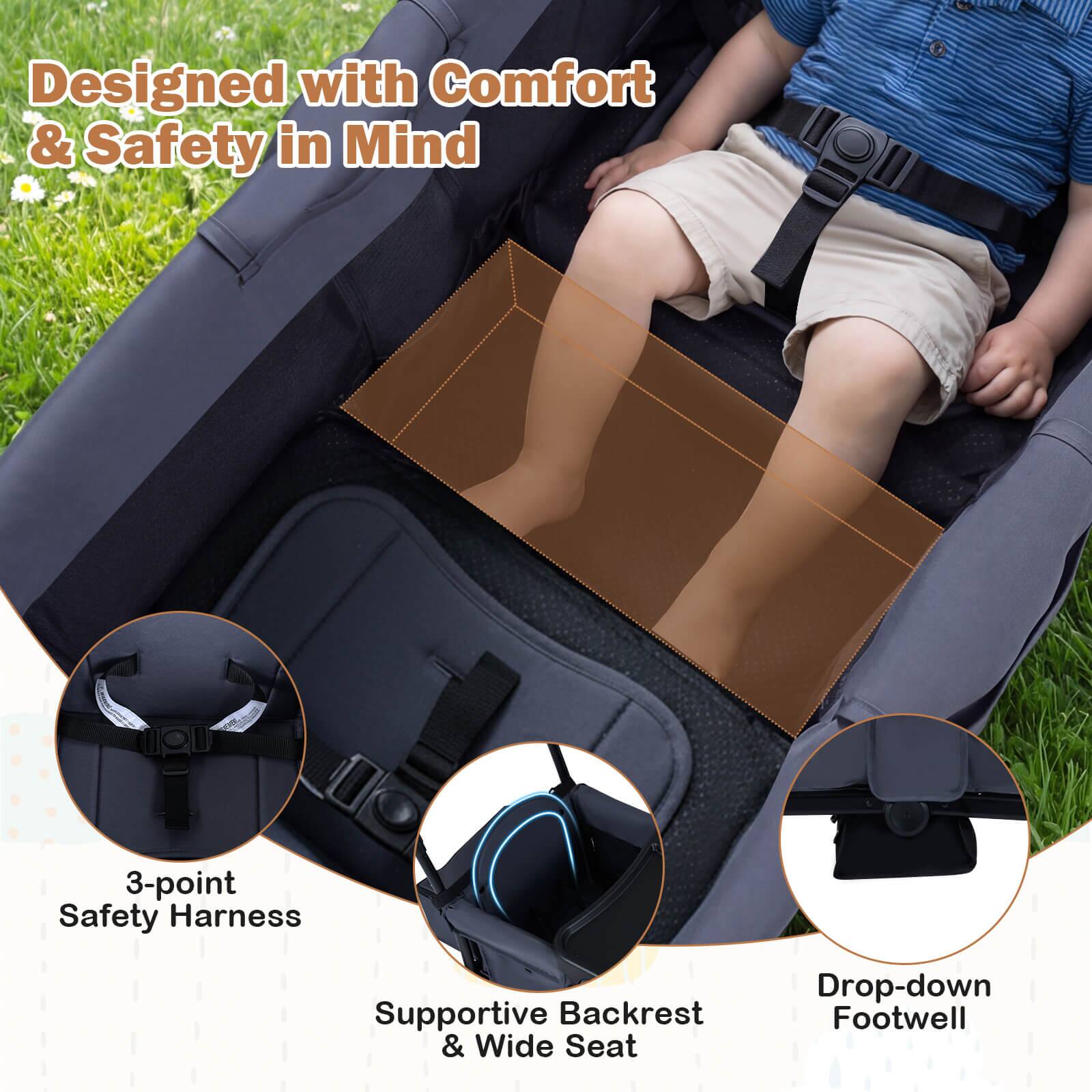 Designed with Comfort & Safety in Mind

- 3-point Safety Harness
- Supportive Backrest & Wide Seat
- Drop-down Footwell