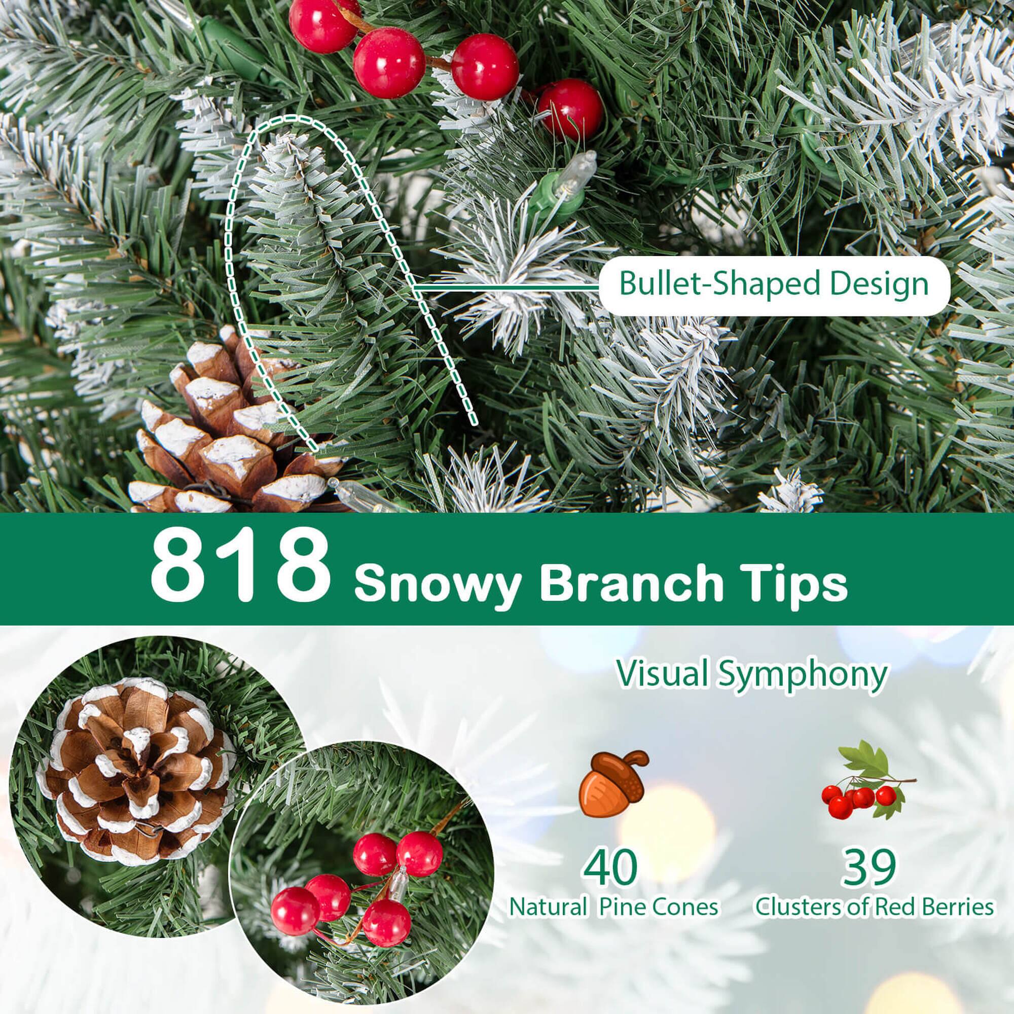 Bullet-Shaped Design  
818 Snowy Branch Tips  
Visual Symphony  
40 Natural Pine Cones  
39 Clusters of Red Berries