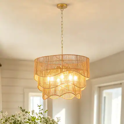 Front. Malletson - 7-Light Boho Chandelier, Woven Rattan Style Pendant Light with Adjustable Height, E26 Ceiling Fixture for Dining Room Li.
