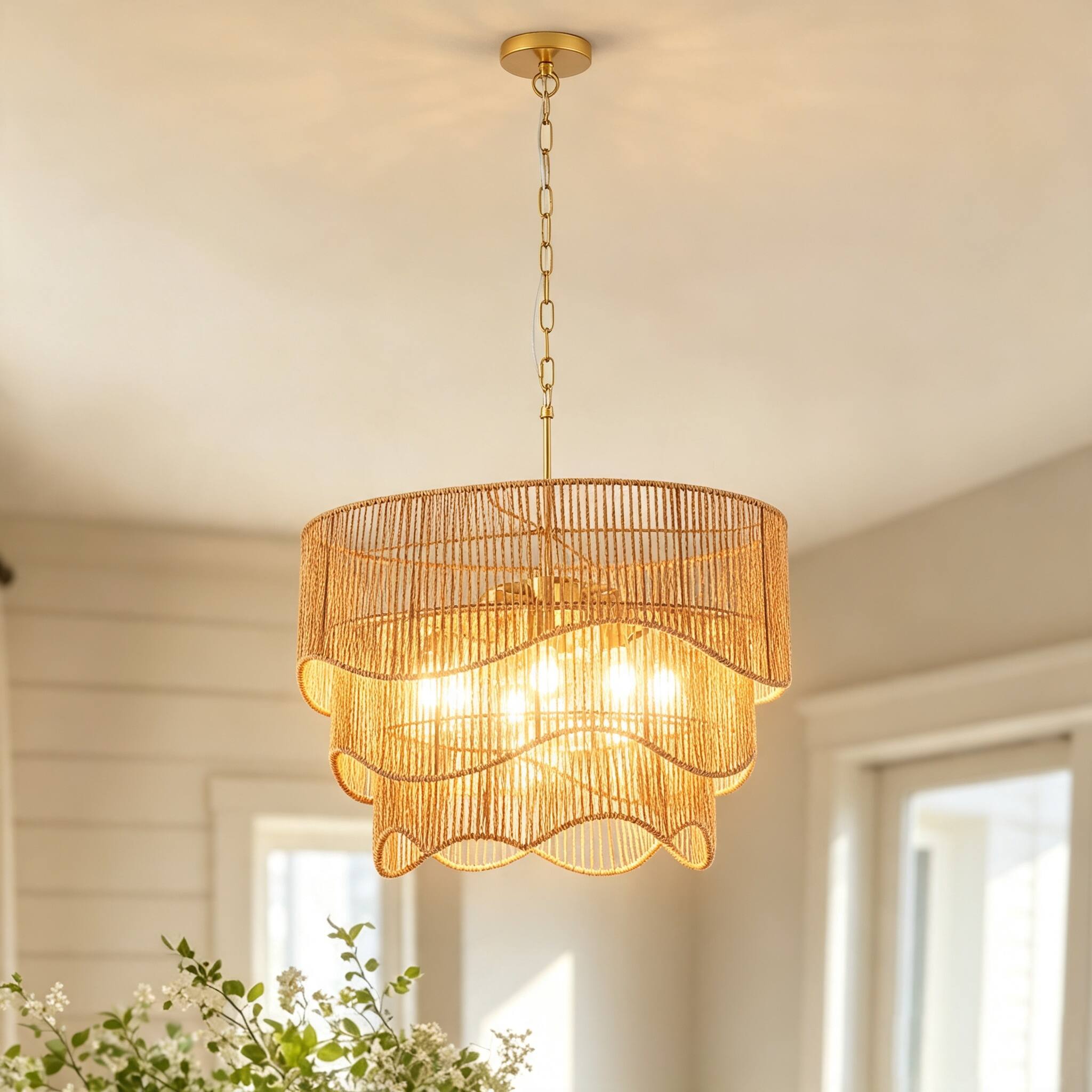 Front. Malletson - 7-Light Boho Chandelier, Woven Rattan Style Pendant Light with Adjustable Height, E26 Ceiling Fixture for Dining Room Li.