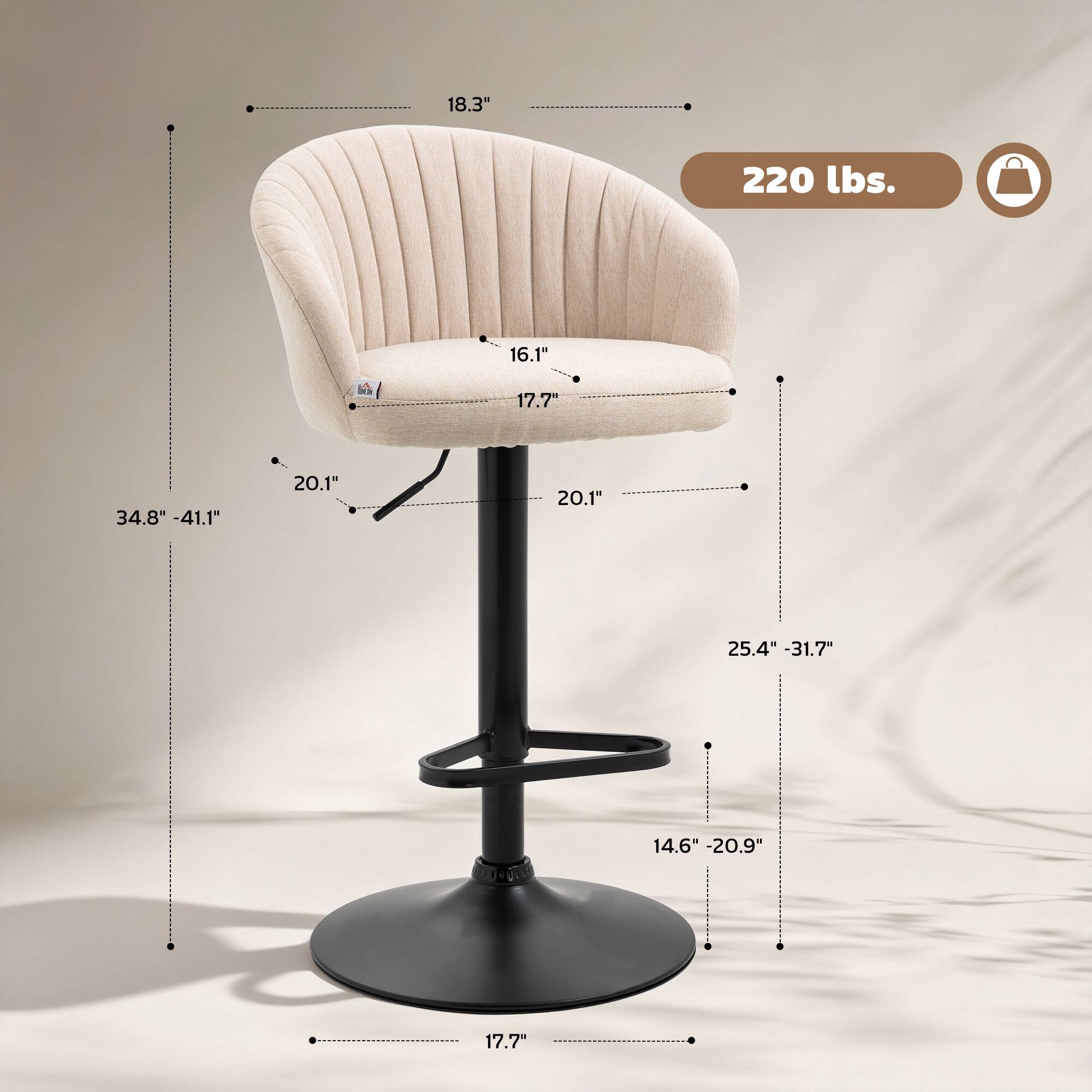 18.3"  
220 lbs.  
16.1"  
17.7"  
34.8" - 41.1"  
20.1"  
20.1"  
25.4" - 31.7"  
14.6" - 20.9"  
17.7"