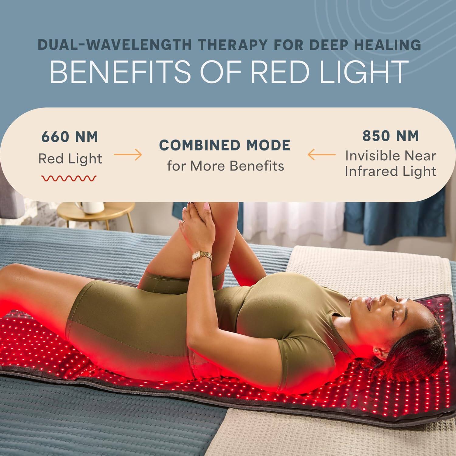 DUAL-WAVELENGTH THERAPY FOR DEEP HEALING  
BENEFITS OF RED LIGHT  

660 NM  
Red Light  

COMBINED MODE  
for More Benefits  

850 NM  
Invisible Near Infrared Light