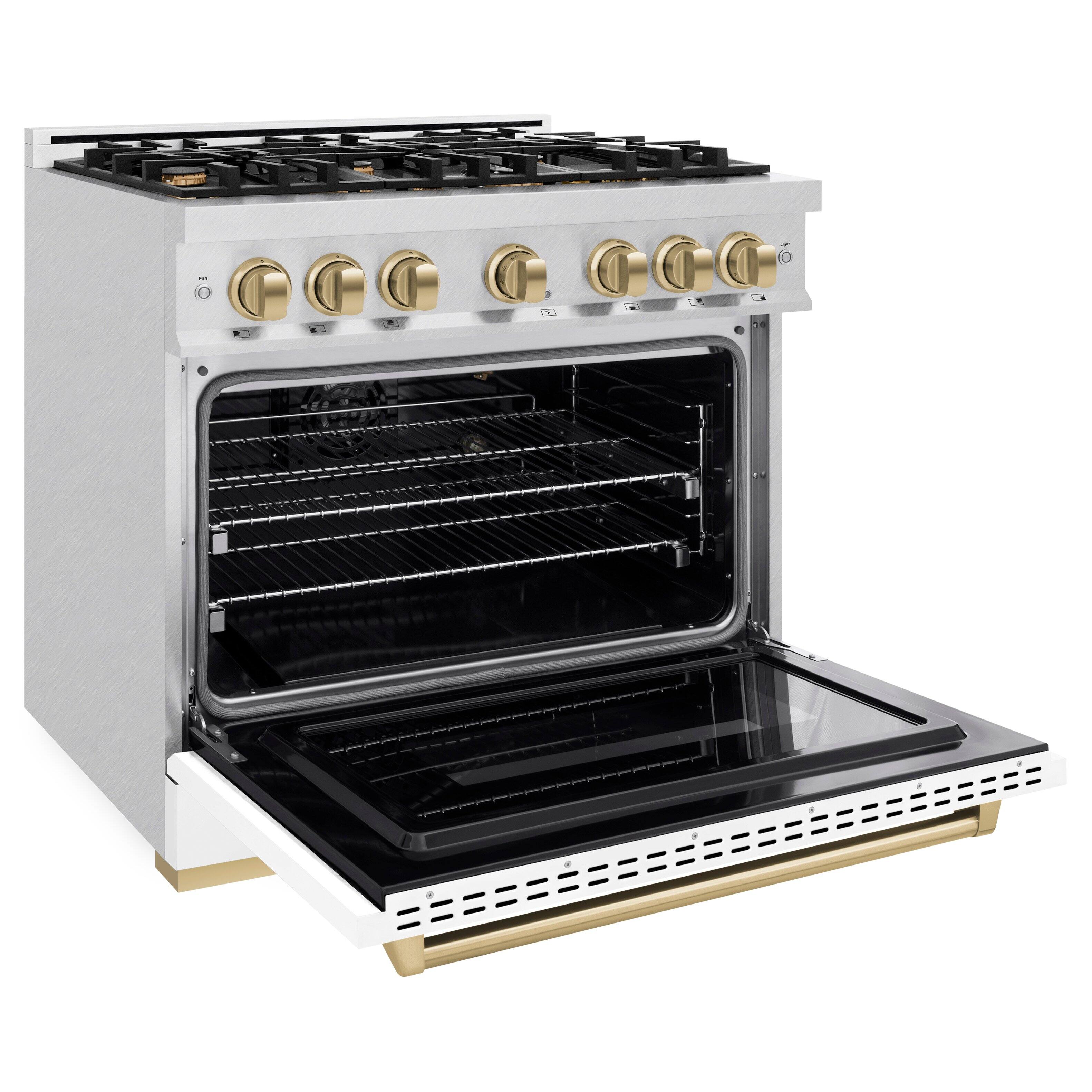 Left. ZLINE - ZLINE Autograph 36 in. Classic Satin Steel Gas Range with Bronze Accents (CGRSZ-WM-36-CB) - White.