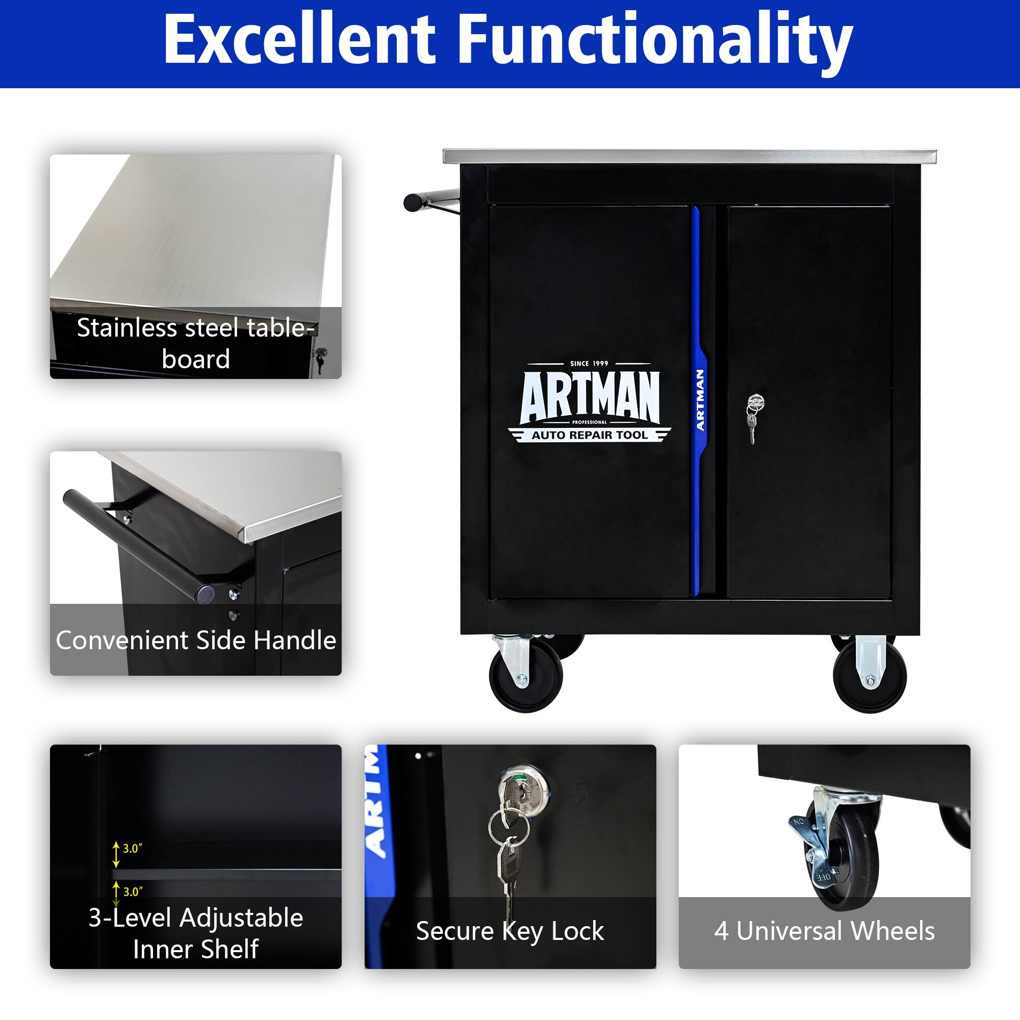 Excellent Functionality

- Stainless steel table-board
- Convenient Side Handle
- 3-Level Adjustable Inner Shelf
- Secure Key Lock
- 4 Universal Wheels