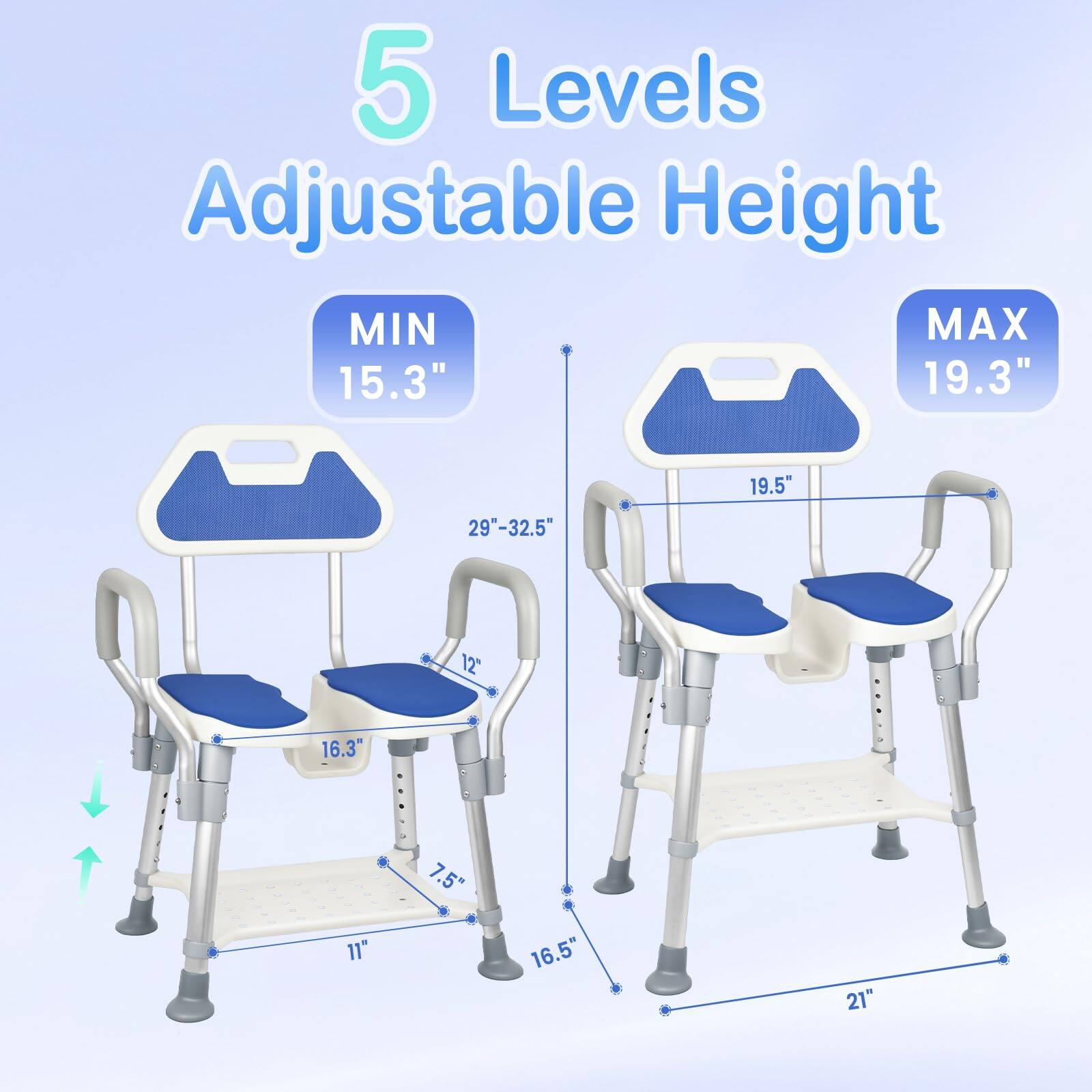 5 Levels Adjustable Height  
MIN 15.3"  
MAX 19.3"  
19.5"  
16.3"  
12"  
11"  
7.5"  
16.5"  
21"  
29"-32.5"