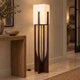 E.P. Light - Modern Wabi-Sabi Wooden Standing Floor Lamp with Fabric Shade, 3 Color Modes - Brown