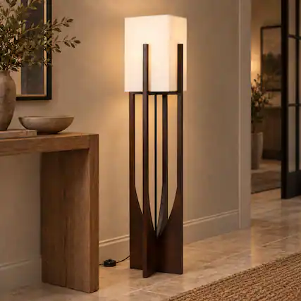 Front. E.P. Light - Modern Wabi-Sabi Wooden Standing Floor Lamp with Fabric Shade, 3 Color Modes - Brown.