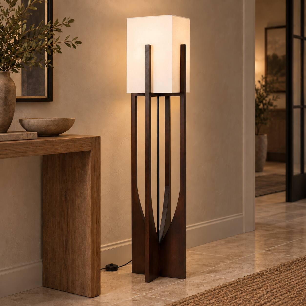 Front. E.P. Light - Modern Wabi-Sabi Wooden Standing Floor Lamp with Fabric Shade, 3 Color Modes - Brown.