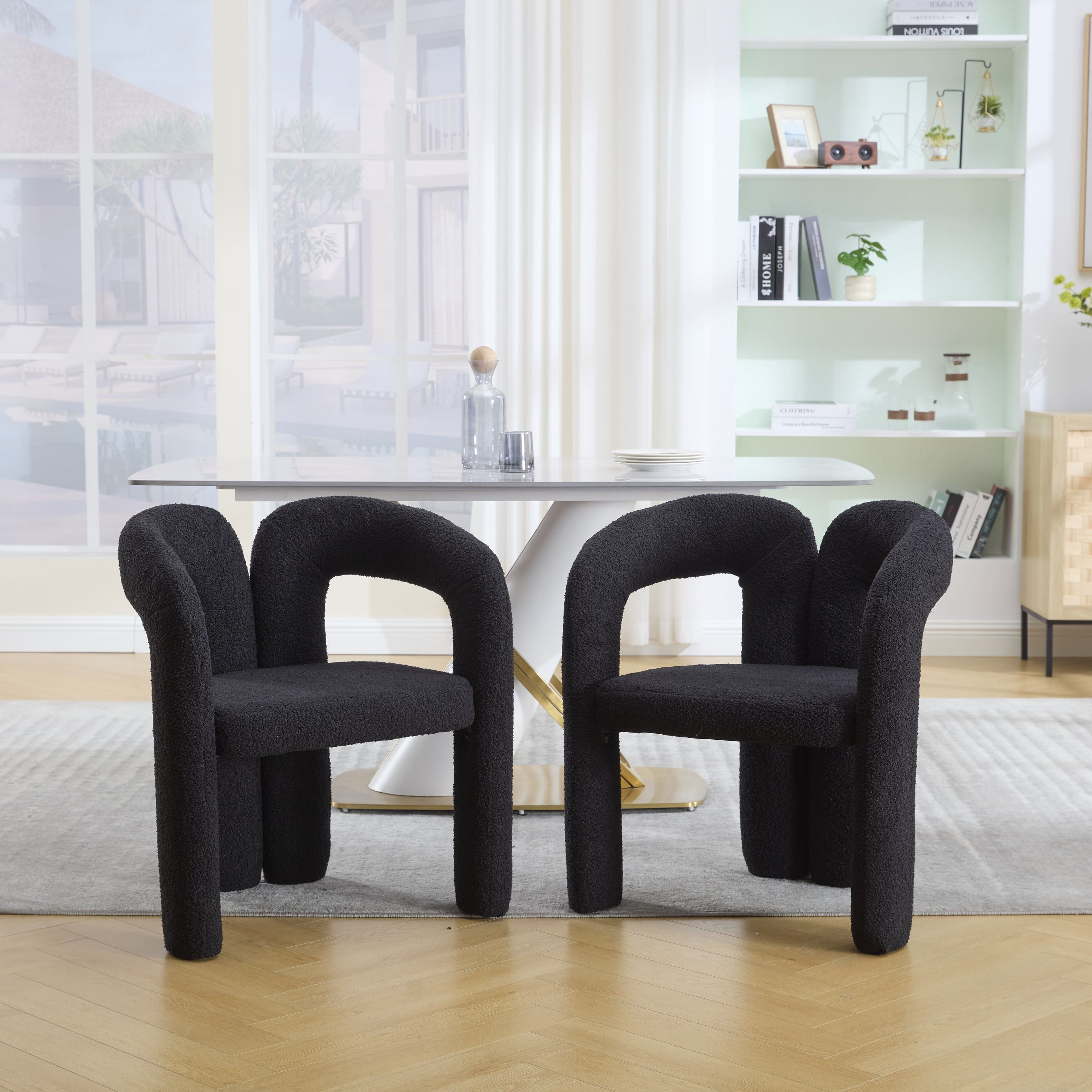 Trinkets Crazed - Modern Barrel Dining Chairs Set of 2, Teddy Velvet Fabric Upholstered Kitchen Accent Chairs with Arms/Open Back - Black