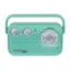 The image features a small, light blue radio with a clock on the front. The radio is made by Studer and is part of the BT series. It has a frequency dial on the front, which allows the user to adjust the frequency to their desired level. The radio is designed to be compact and portable, making it a convenient choice for those who want to listen to their favorite stations on the go.
