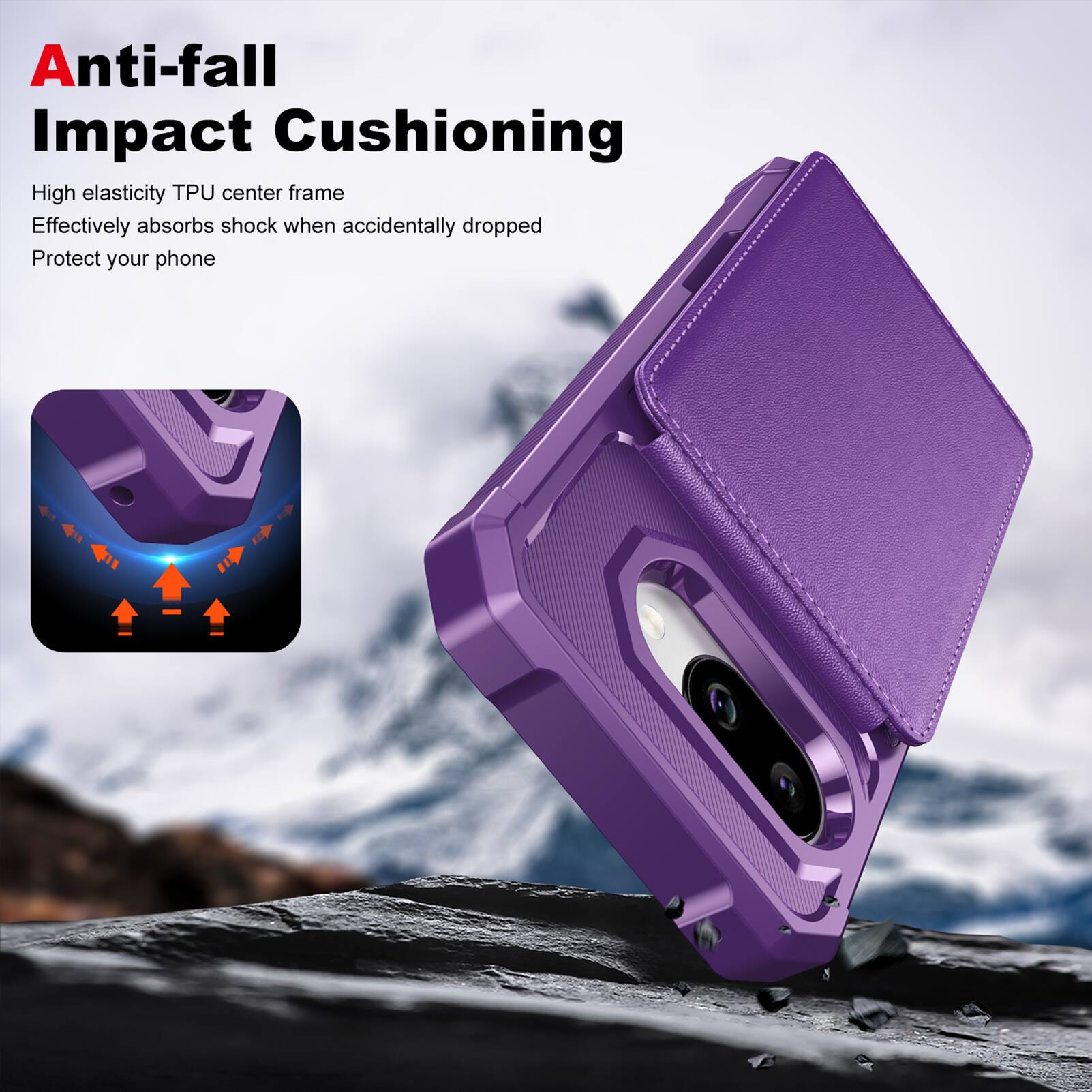 Anti-fall Impact Cushioning

High elasticity TPU center frame  
Effectively absorbs shock when accidentally dropped  
Protect your phone
