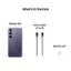 The image shows a purple cell phone, which is a Samsung Galaxy S24. The phone is accompanied by a data cable and an ejection pin. The data cable is connected to the phone, and the ejection pin is placed next to the cell phone.