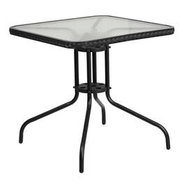 Emma + Oliver - 28" Square Tempered Glass Metal Table with Rattan Edging - Clear Top/Black Frame