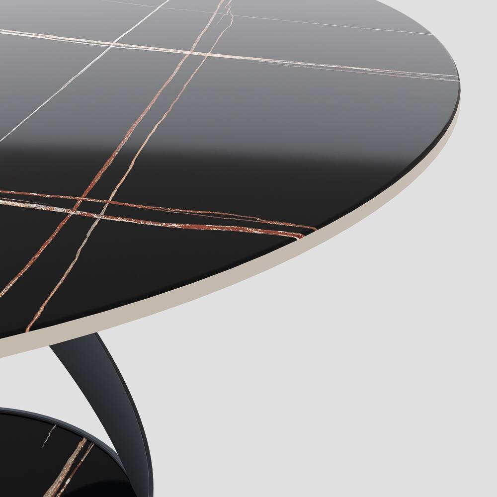 Alt View 1. POVISON - 51" Modern Black Round Dining Table for 4, Matte Sintered Stone Tabletop with Bronze X Carbon Steel Base - Black Matte Sintered Stone with Bronze.