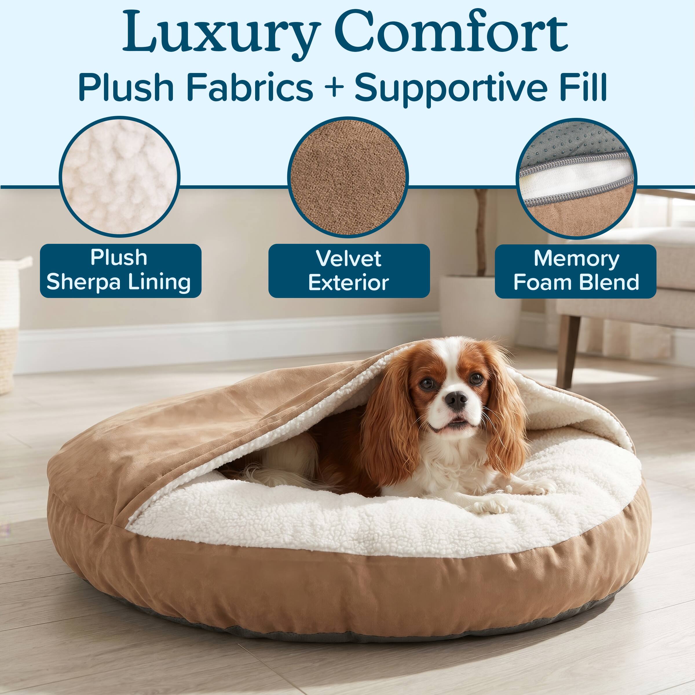 Luxury Comfort  
Plush Fabrics + Supportive Fill

Plush Sherpa Lining  
Velvet Exterior  
Memory Foam Blend