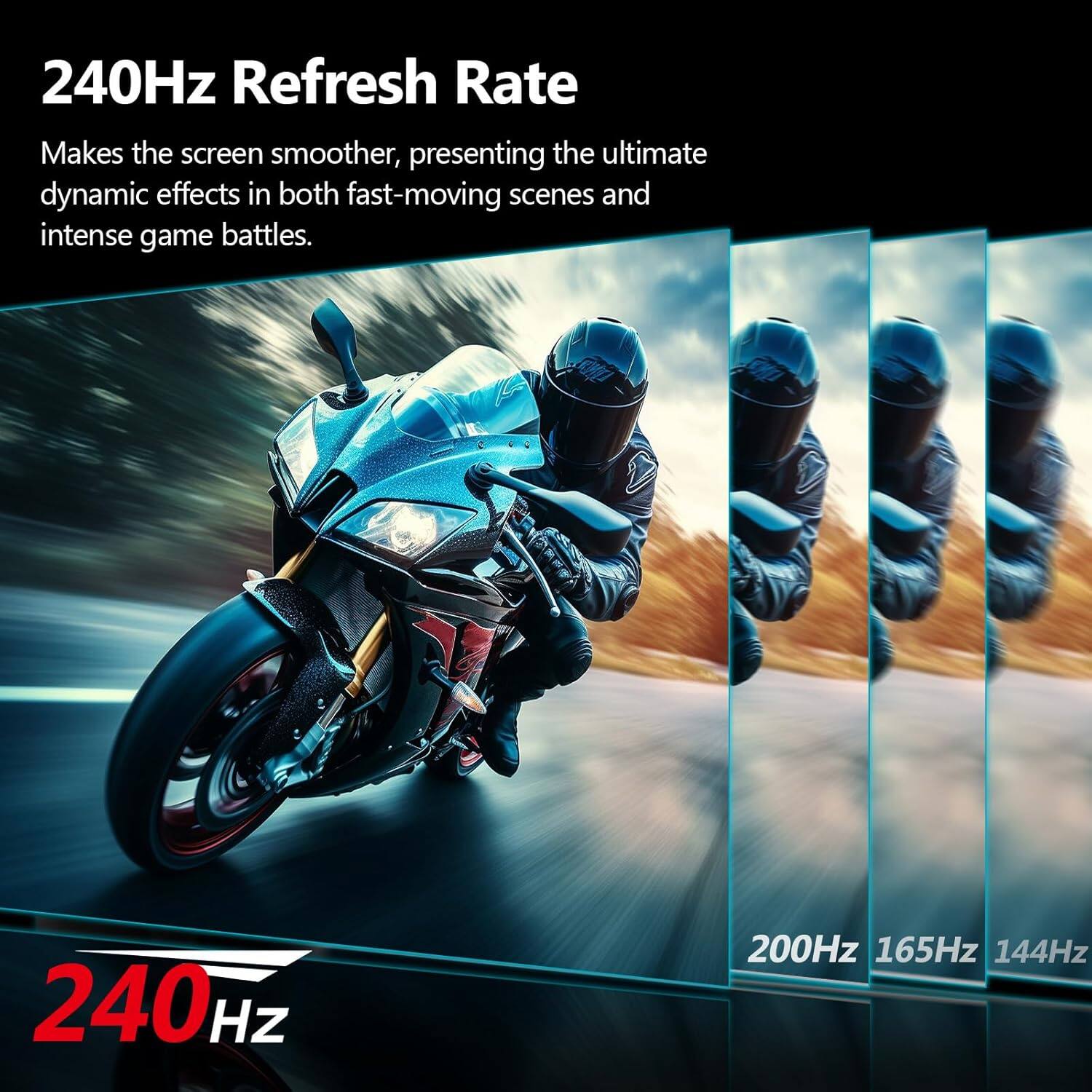 240Hz Refresh Rate Makes the screen smoother, presenting the ultimate dynamic effects in both fast-moving scenes and intense game battles. 240Hz, 200Hz, 165Hz, 144Hz