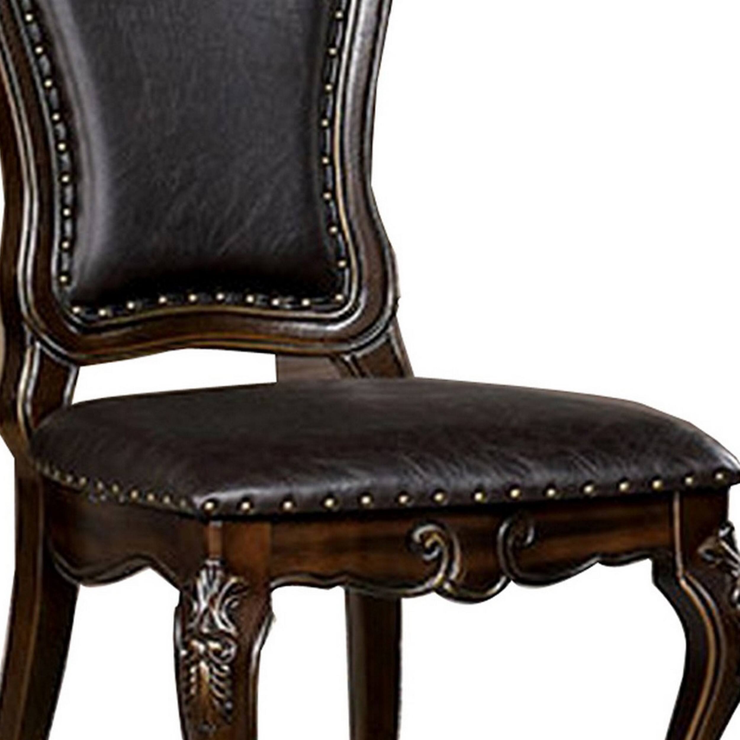 Alt View 2. Manhattan Lane - Ons 23 Inch Carved Dining Chair, Set of 2, Nailhead Trim Brown Faux Leather - Brown.