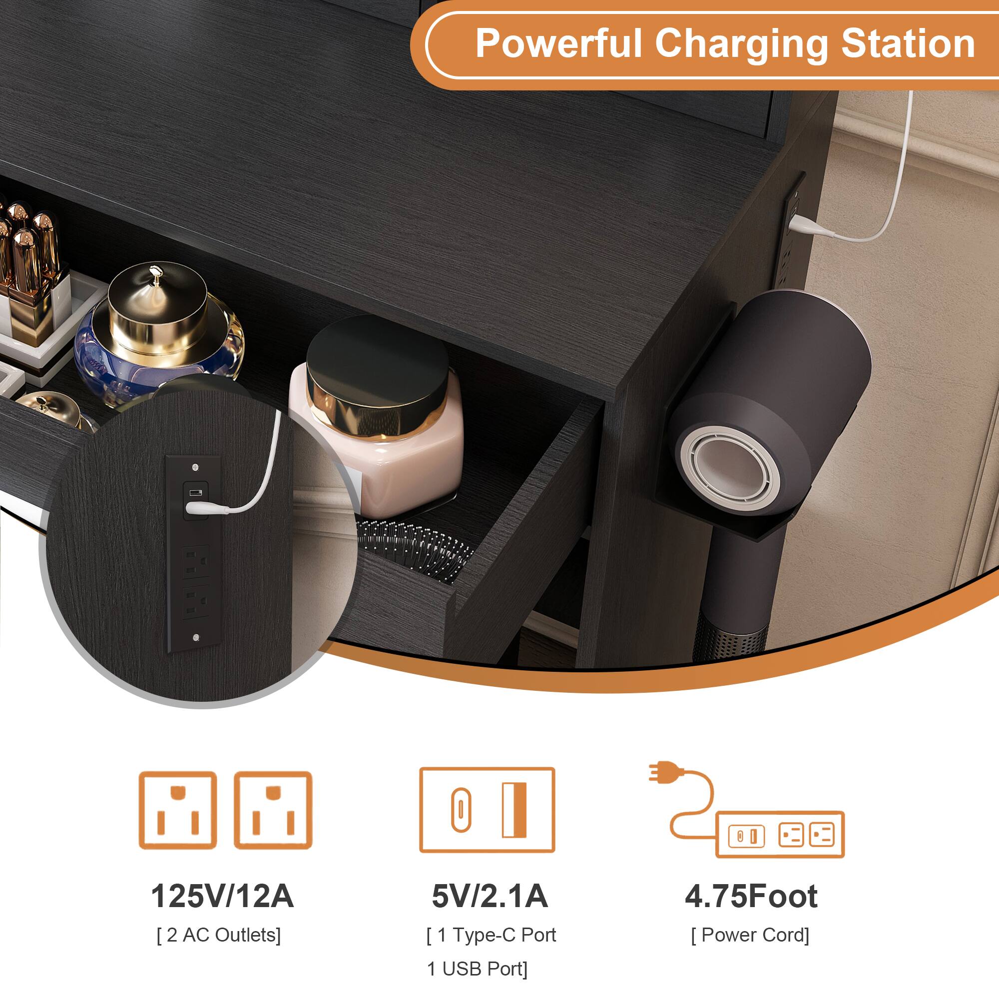 Powerful Charging Station

- 125V/12A [2 AC Outlets]
- 5V/2.1A [1 Type-C Port, 1 USB Port]
- 4.75 Foot [Power Cord]