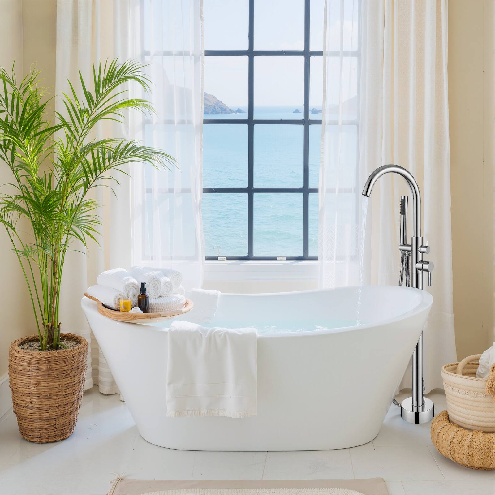 Alt View 6. Sweet - Freestanding Bathtub Faucet, Floor Mount Tub Filler with 360 Swivel Gooseneck Spout and Handheld Shower - Silvery.