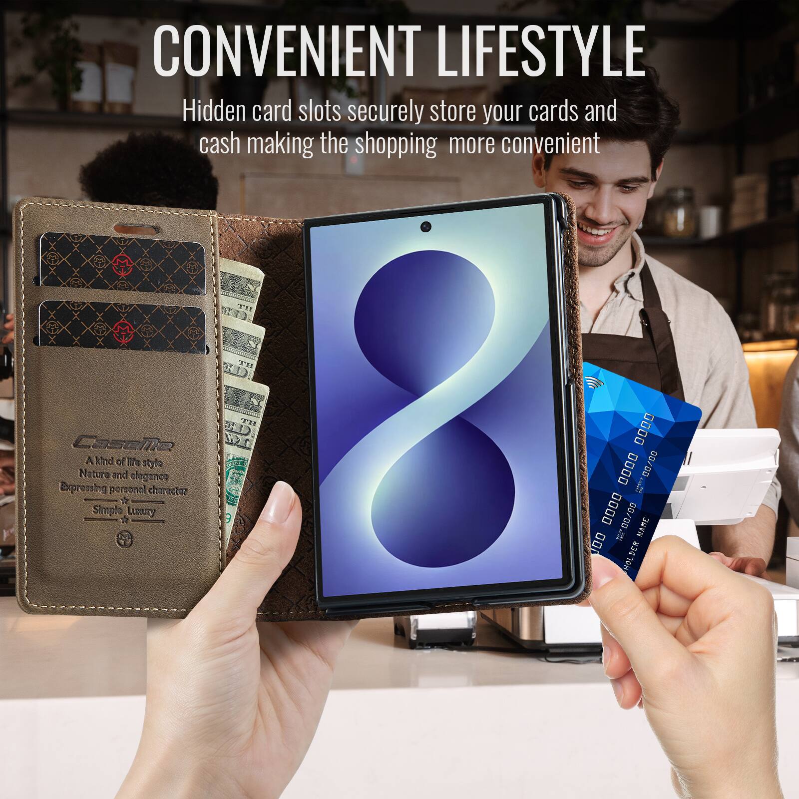 CONVENIENT LIFESTYLE  
Hidden card slots securely store your cards and cash making the shopping more convenient

CaseMe  
A kind of IT's style  
Nature and elegance  
Expressing personal character  
Simple Luxury

TH  
0000 0000  
Abound 00/00  
0000 JIZZ 00/00  
NAME 000 HOLDER