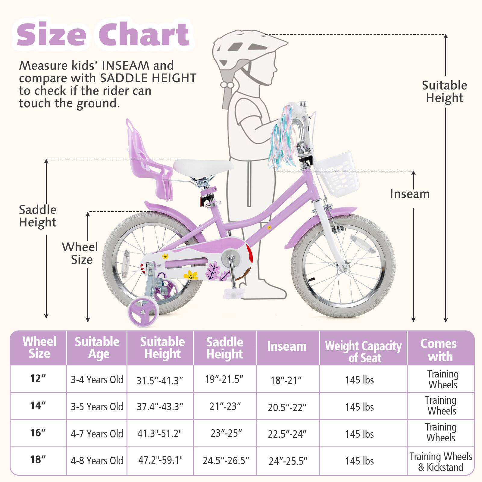 **Size Chart**

Measure kids' INSEAM and compare with SADDLE HEIGHT to check if the rider can touch the ground.

| Wheel Size | Suitable Age | Suitable Height | Saddle Height | Inseam | Weight Capacity of Seat | Comes with |
|------------|--------------|----------------|--------------|--------|-----------------------|------------|
| 12"        | 3-4 Years Old | 31.5"-41.3"     | 19"-21.5"     | 18"-21" | 145 lbs               | Training Wheels |
| 14"        | 3-5 Years Old | 37.4"-43.3"     | 21"-23"       | 20.5"-22" | 145 lbs               | Training Wheels |
| 16"        | 4-7 Years Old | 41.3"-51.2"     | 23"-25"       | 22.5"-24" | 145 lbs               | Training Wheels |
| 18"        | 4-8 Years Old | 47.2