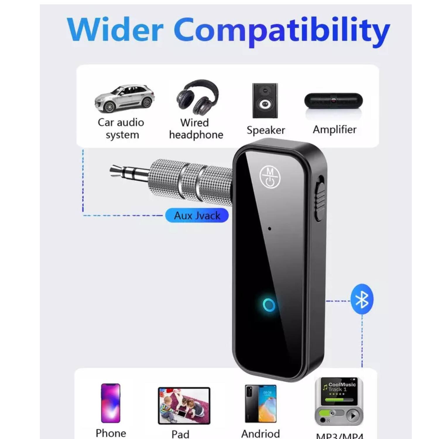 Wider Compatibility

- Car audio system
- Wired headphone
- Speaker
- Amplifier
- Aux Jack
- Phone
- Pad
- Android
- MP3/MP4
- CoolMusic Track
